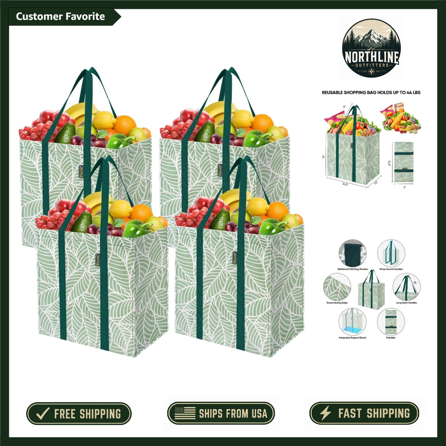 Antique Folidage 4 PK Reusable Shopping Bags – Spacious & Foldable Convenience