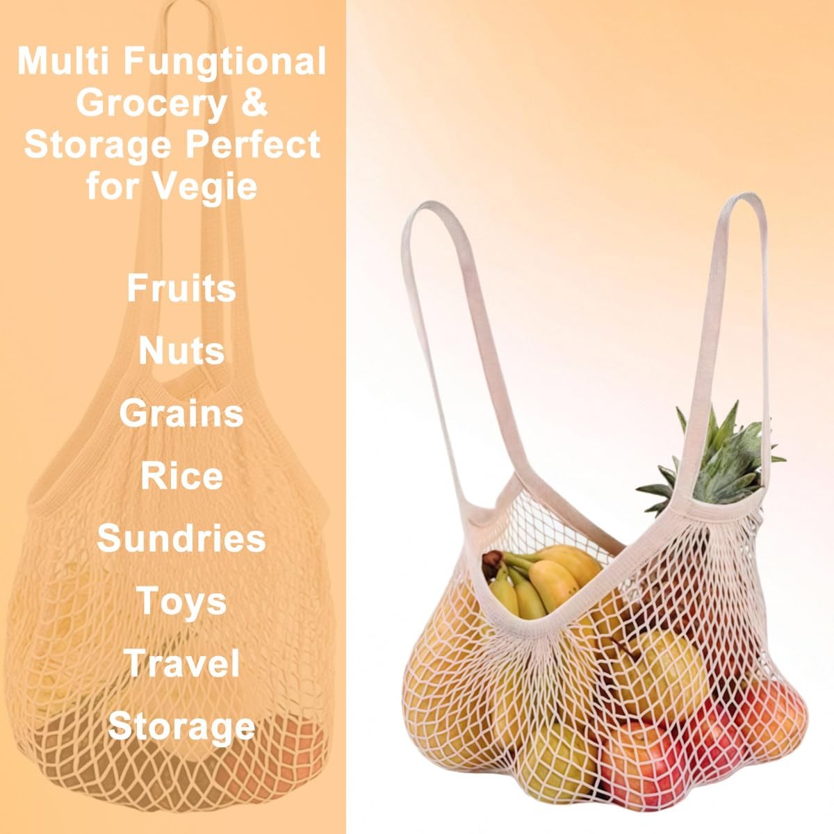 2 PCS Reusable Cotton Mesh Grocery Bags Long Handle Net Shopping Tote White