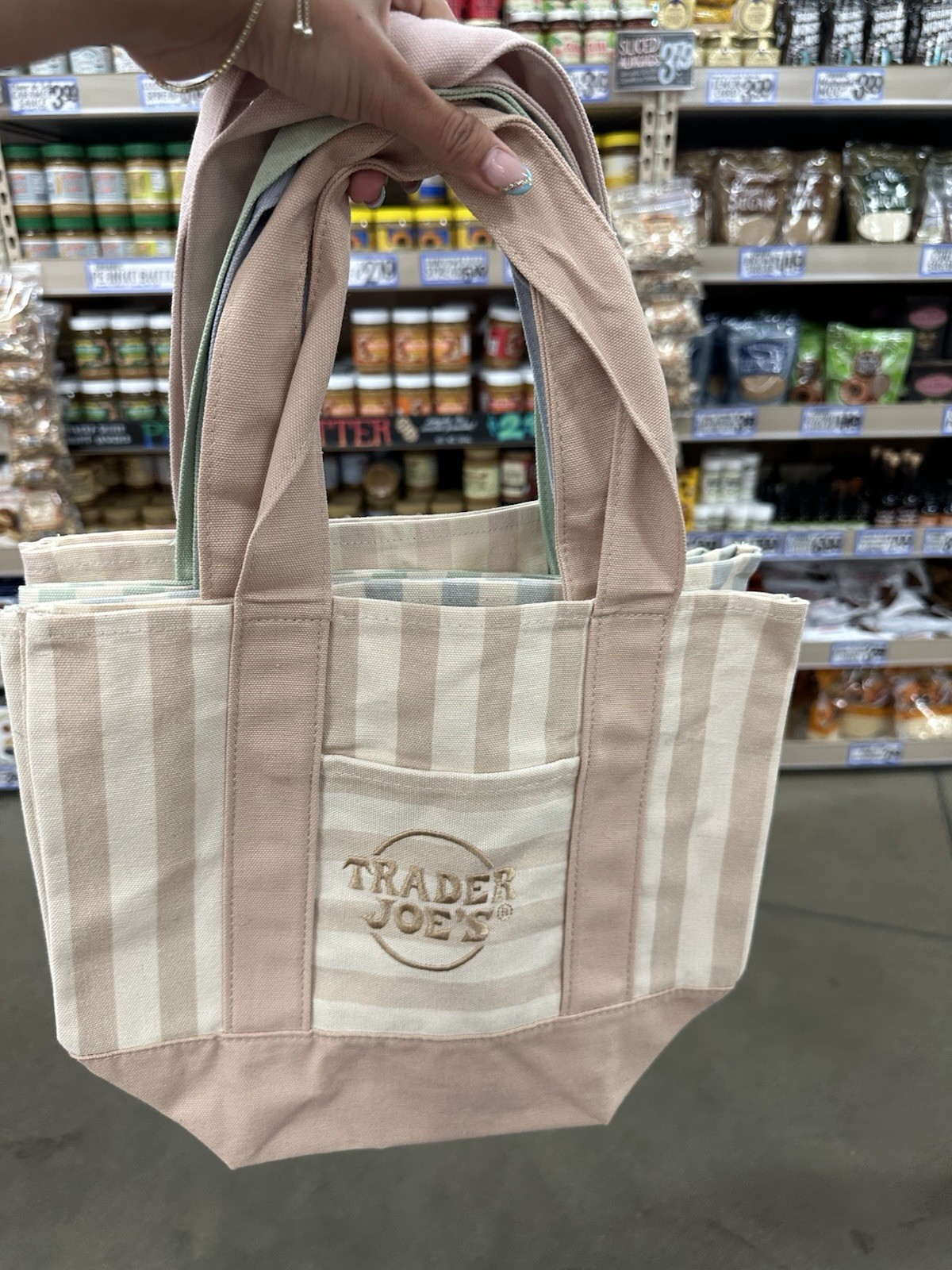 Trader Joe’s Striped Tote Bag Beige/Pink – 11 in Length 6 in W x 6 in H