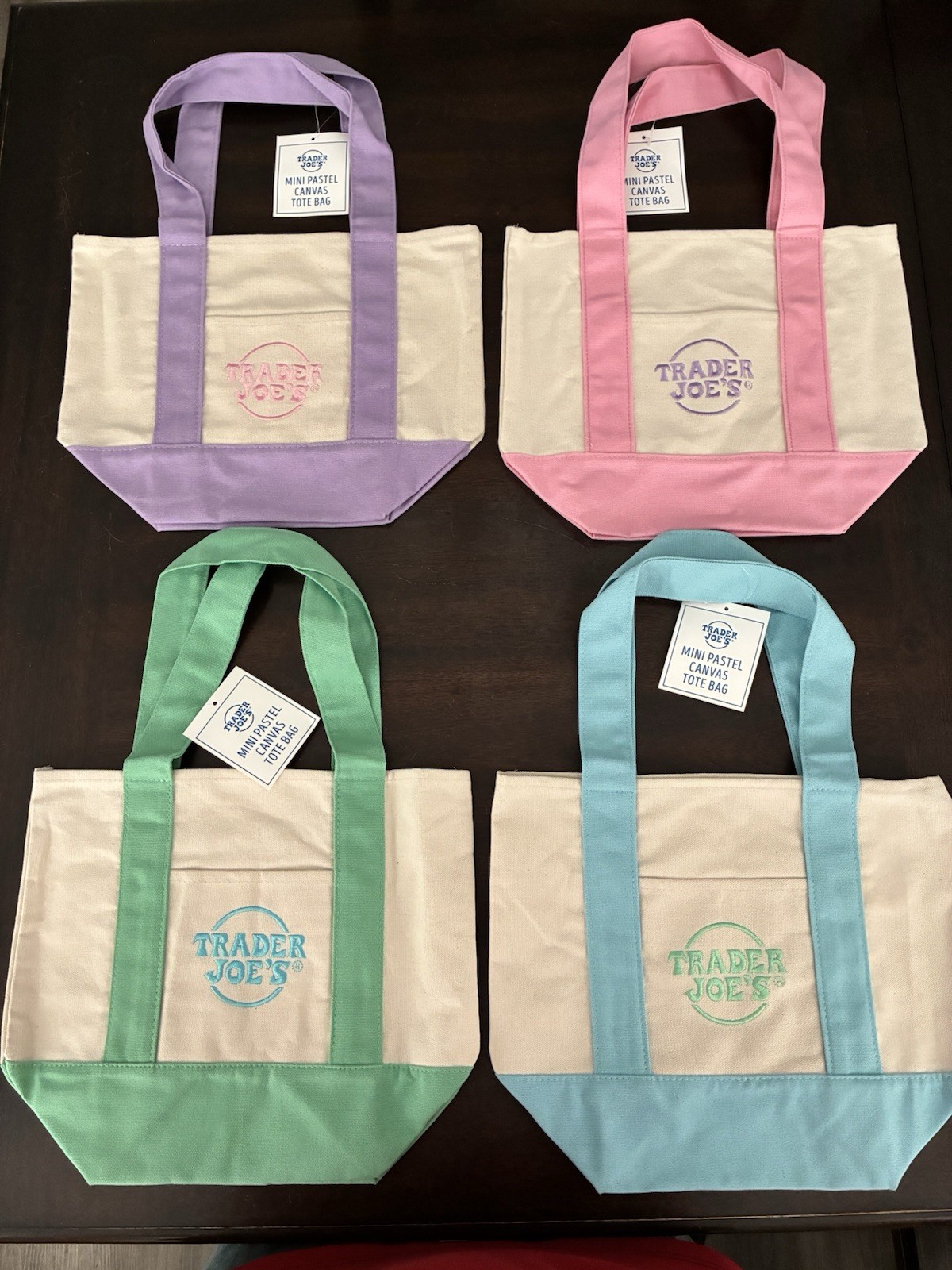 TRADER JOES ~ SET OF 4 MINI CANVAS TOTE BAGS ~ GREEN, LAVENDER, PINK, BLUE COLOR