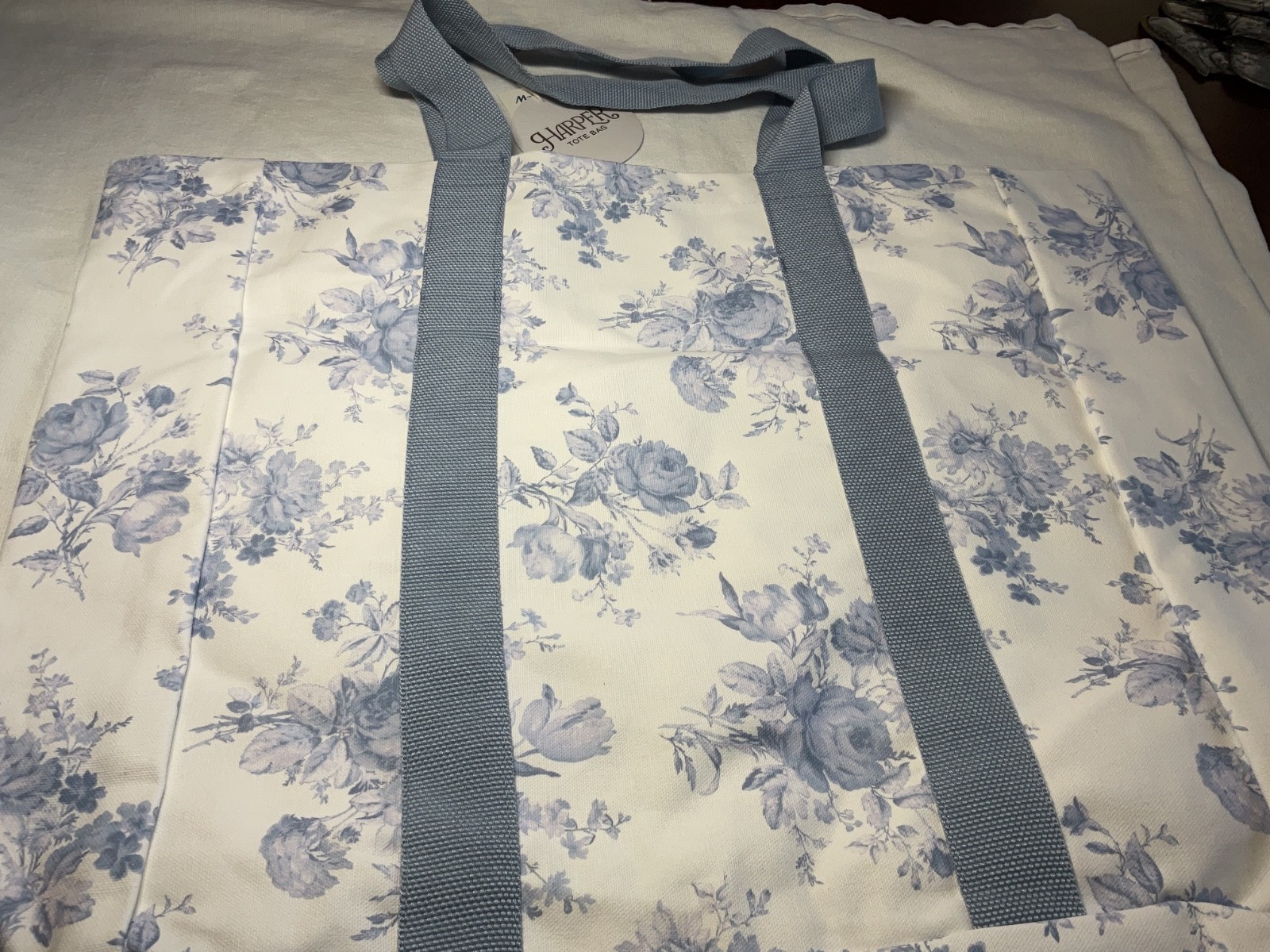 Harper Tote Shopping Bag CREAM BLUE FLOWERS 100% COTTON NWT