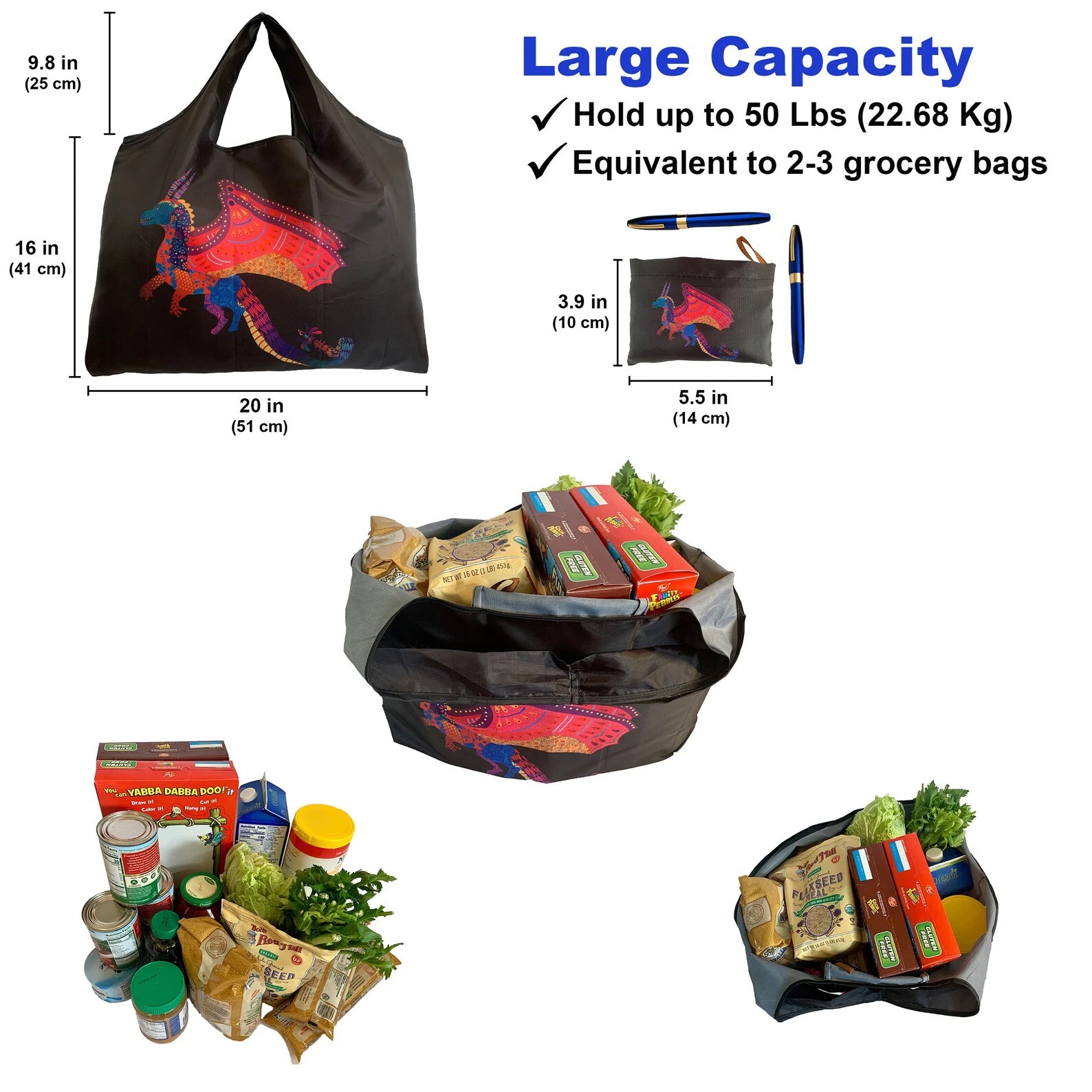 5 Reusable XL Grocery Bags Foldable Alebrijes Design Machine Washable Eco