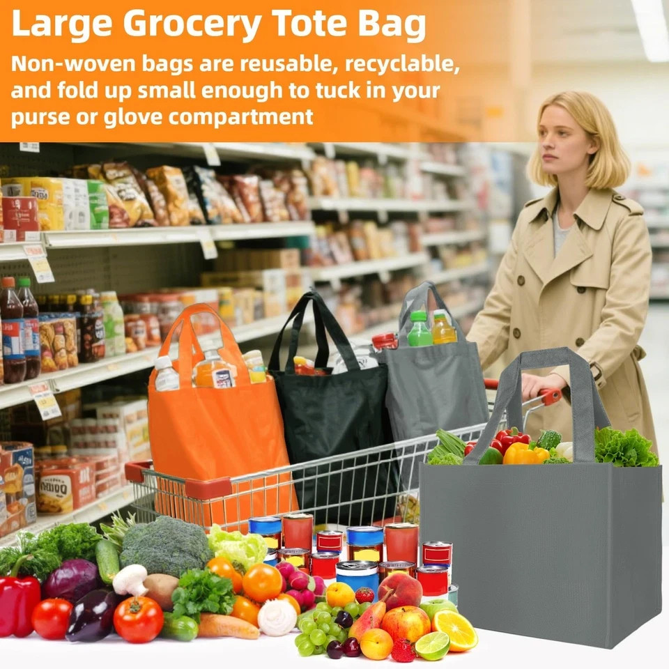 3 Pack Reusable Grocery Bags Heavy Duty Foldable Canvas Tote Large Shopping Bag