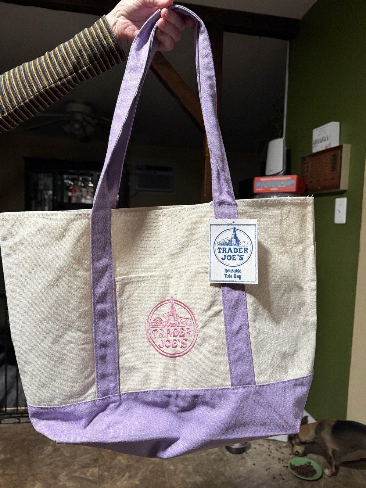Trader Joe’s Reusable Shopping Bag Foldable Canvas Beige Purple