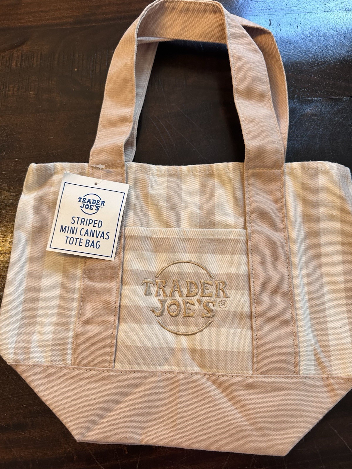 Trader Joe’s Striped Mini Canvas Tote Bag Small Desert Sand Cotton Blend