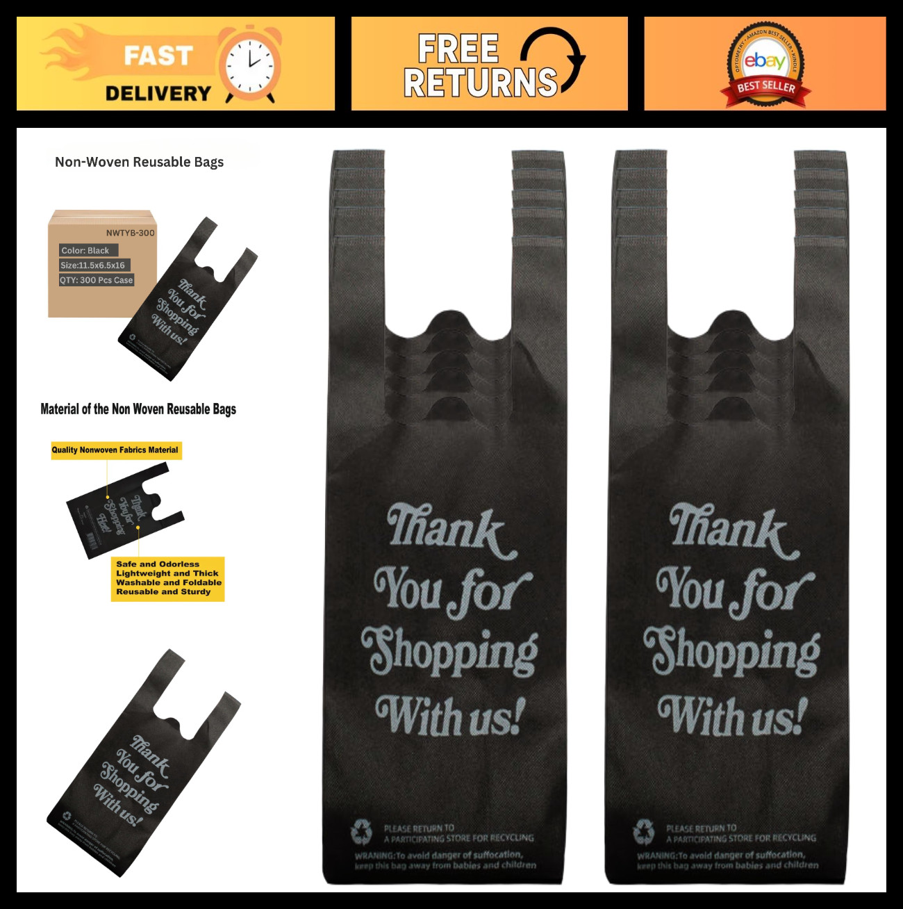 200 Pack Non-Woven Black Thank You Bags 11.5″x6.5″x16″ for Retail, Grocery & Tak