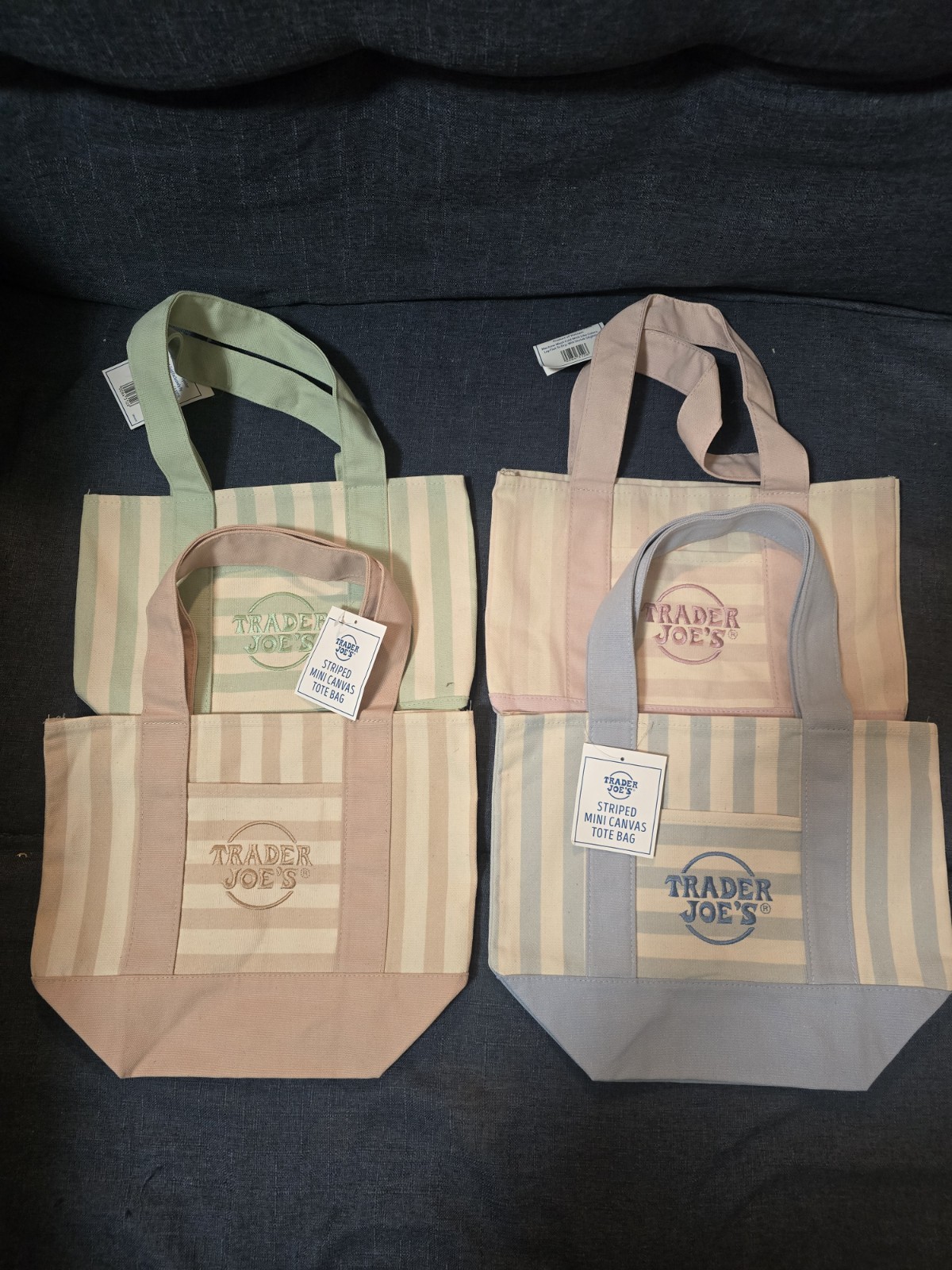Trader Joe’s Canvas Tote Bags Set of 4 Multicolor Striped Mini 13x10x6 in