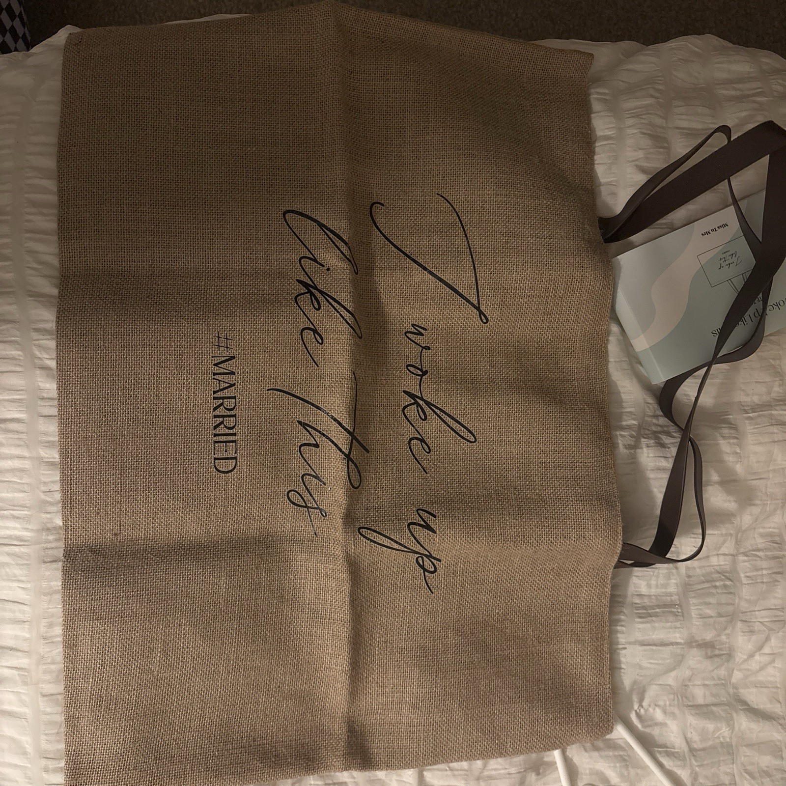 Miss To Mrs Large Jute Tote Bag Beige/Black Printed “I Woke Up Like This”