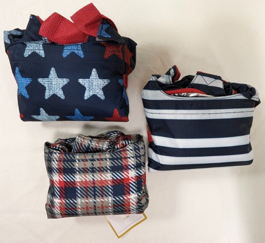 California Innovations Folding Insulated Market Tote 3 Pack Stars Stripes Plaid