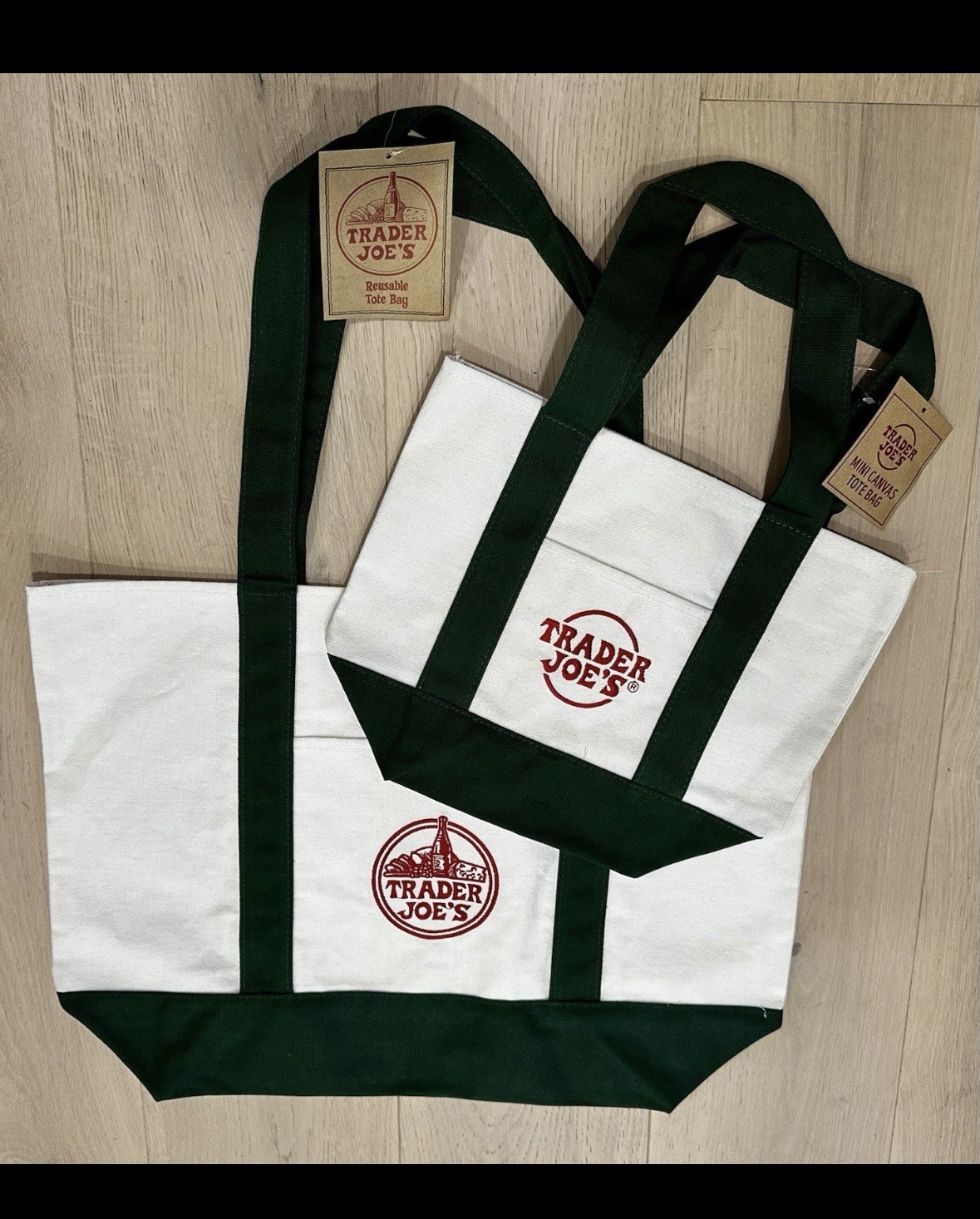 2x Trader Joe’s NEW 💚 Green AUTHENTIC LARGE & MINI CANVAS REUSABLE TOTE BAG SET
