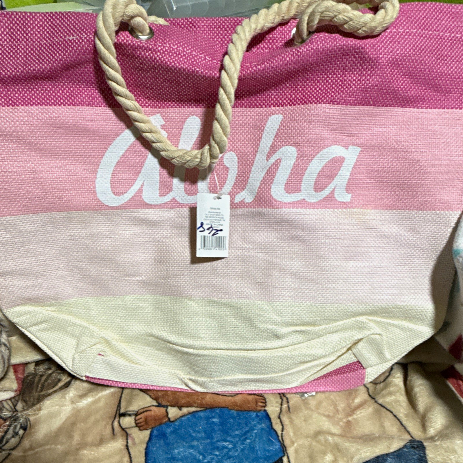 Aloha Pink/Beige/White Striped Tote w/ Rope Handles Foldable Waterproof