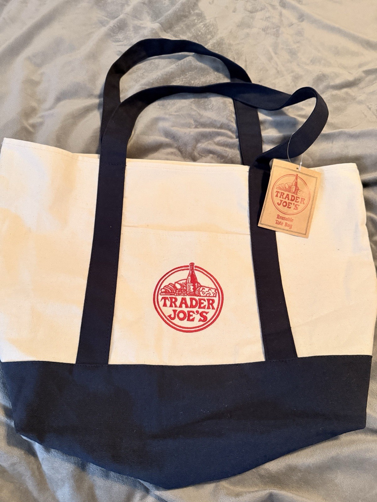 Trader Joe’s Canvas Reusable Tote Bag Foldable Beige Black Solid