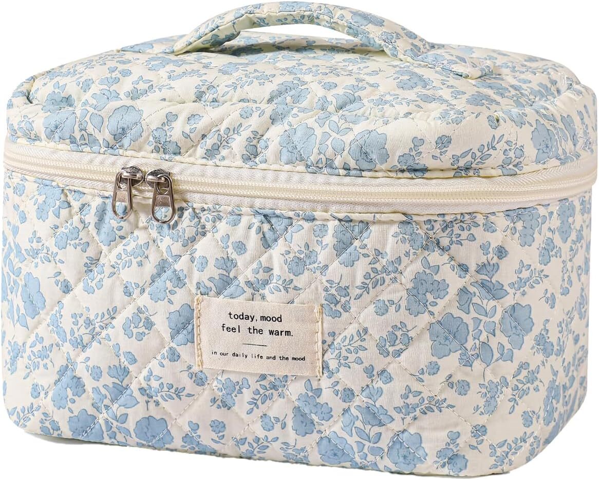 uekeboag Large Travel Quilted Makeup Bag for Women, Floral 01Lithtblue-flower