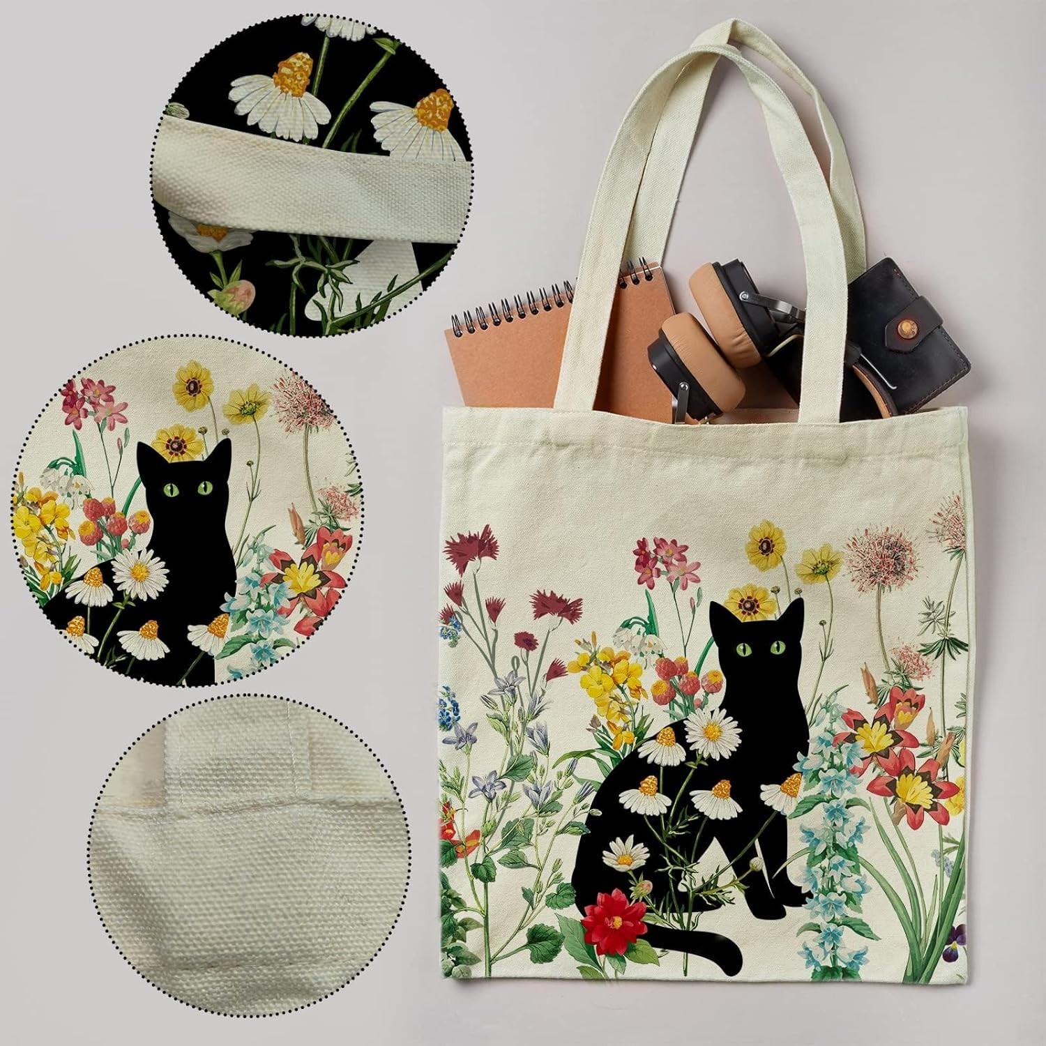 Black Cat Canvas Tote Bag with Zipper Pockets Vintage Flowers Cute Tote Bag Aest