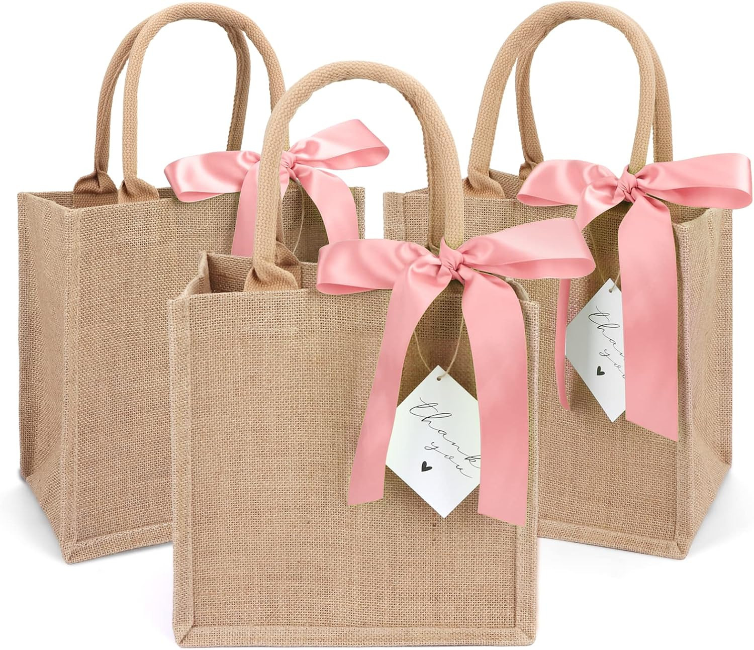 6 Pack Burlap Tote Bags with Handles Reusable Small Jute Gift Bags with Pink Sil