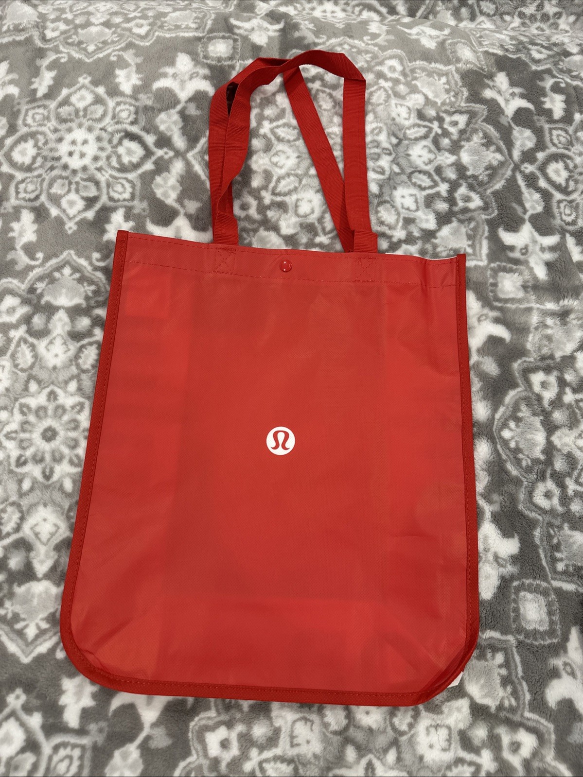 Lululemon Logo Reusable Shopping Bag Red White Sides Tote 14”x16” W/Snap New