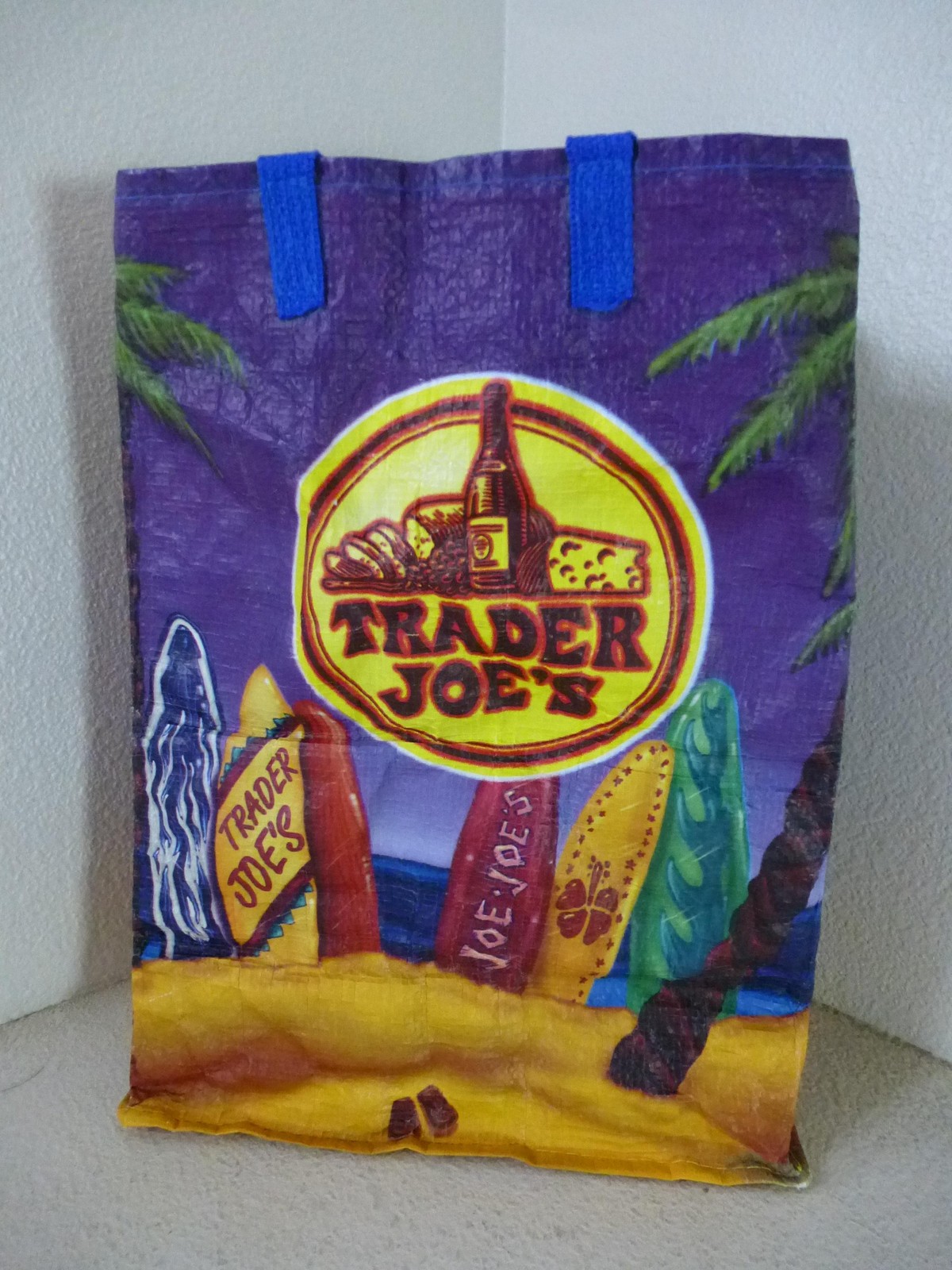 Trader Joes Reusable Grocery Bag Beach Surfboard Tropical Tote Palm Tree Plastic