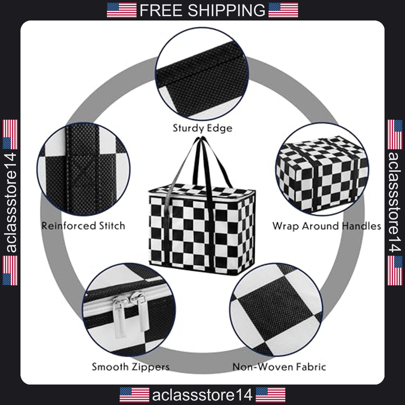 Ohocut checkered insulated grocery bags 2 pack black and white cooler shopping