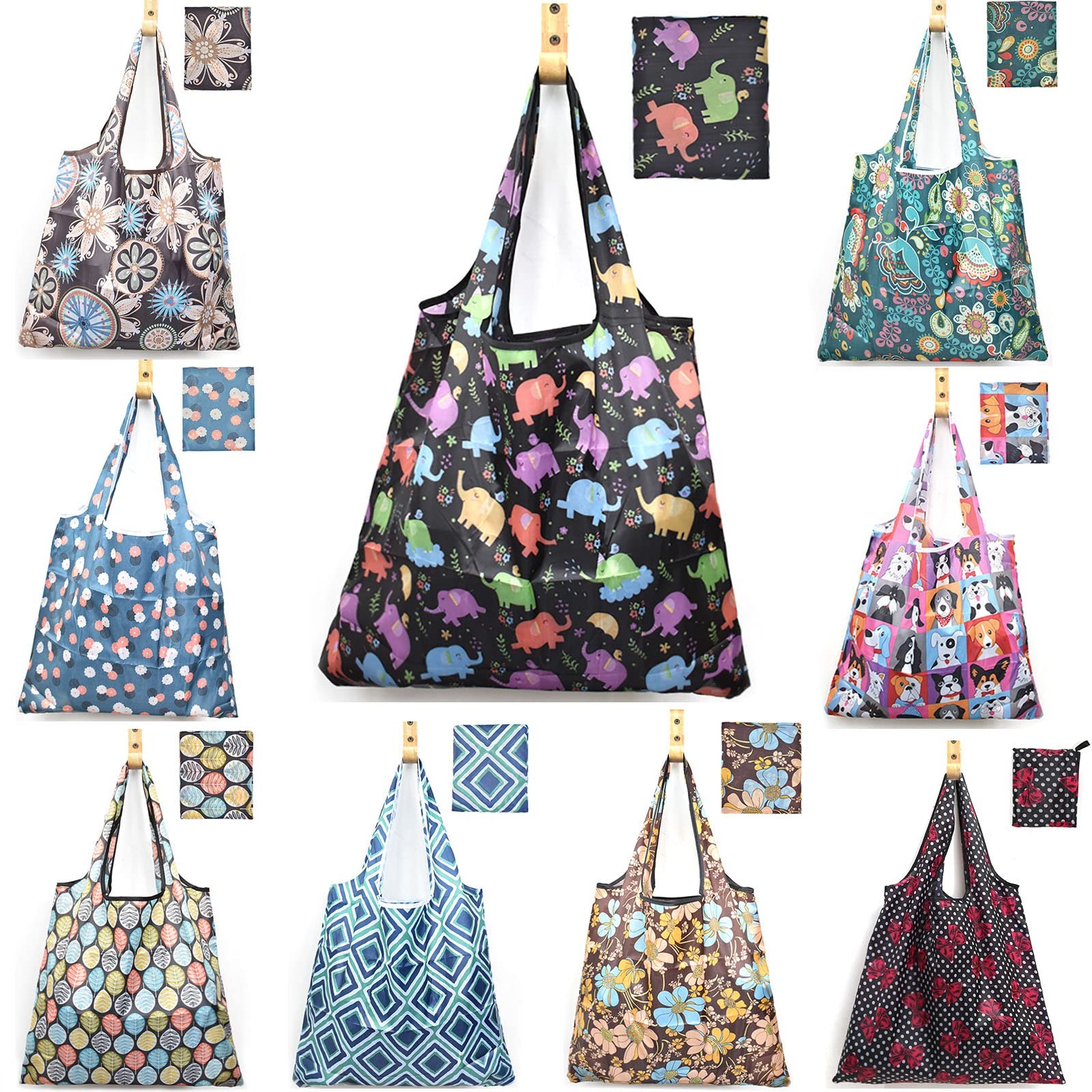 9 Pack Reusable Grocery Bags Foldable Shopping Heavy Duty Nylon Waterproof Tote