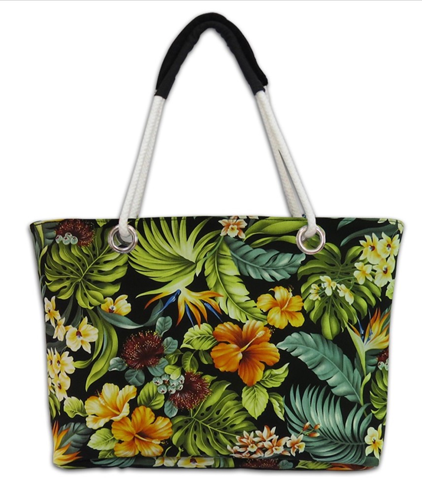Hawaiian Canvas Beach Black Totes Tropical Hawaii Shop Bags Handbag Travel Large