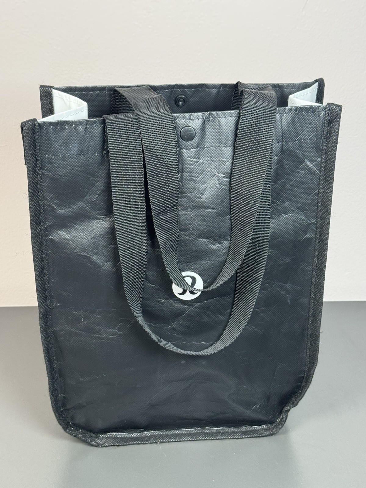 lululemon Reusable Shopping Tote Bag Black/White Logo Double Handles 9.5×4.5×12