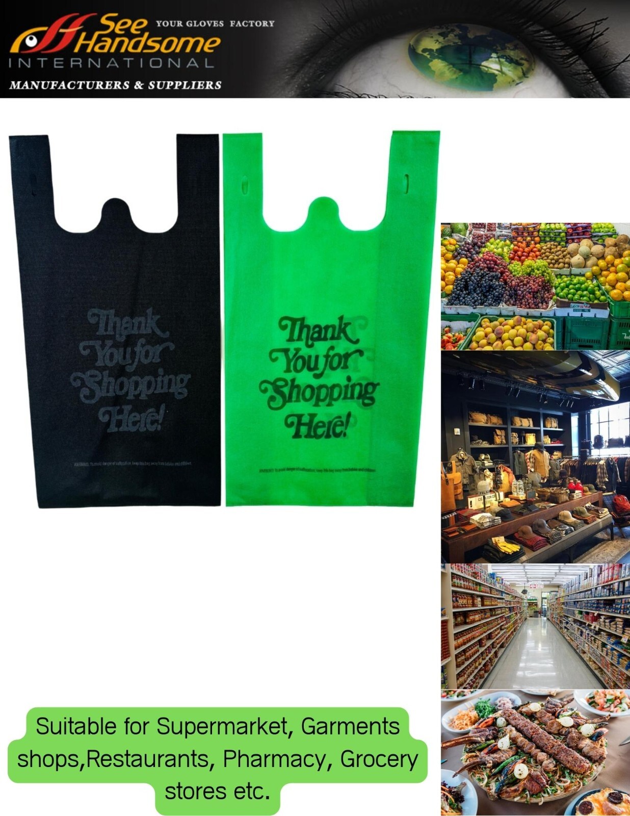Non woven Grocery, Retail T-shirt Shopping Reusable Bags 750 -1000 Bags- 40 GSM
