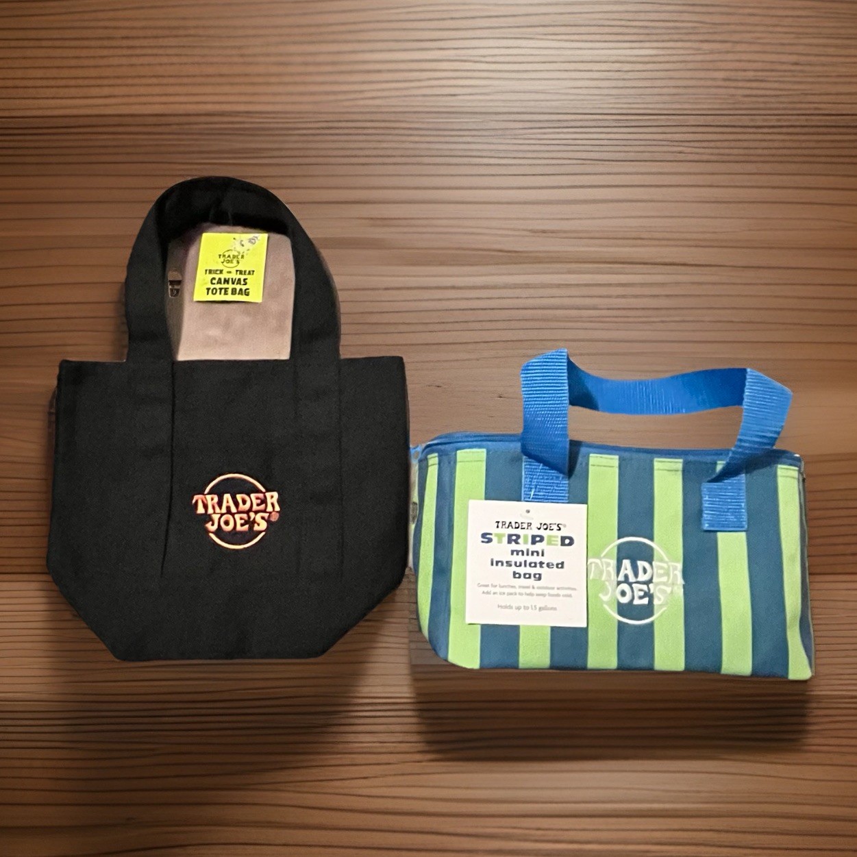 Trader Joe’s Mini Insulated Blue Green & Mini Canvas Tote Black Bag (Set Of 2)