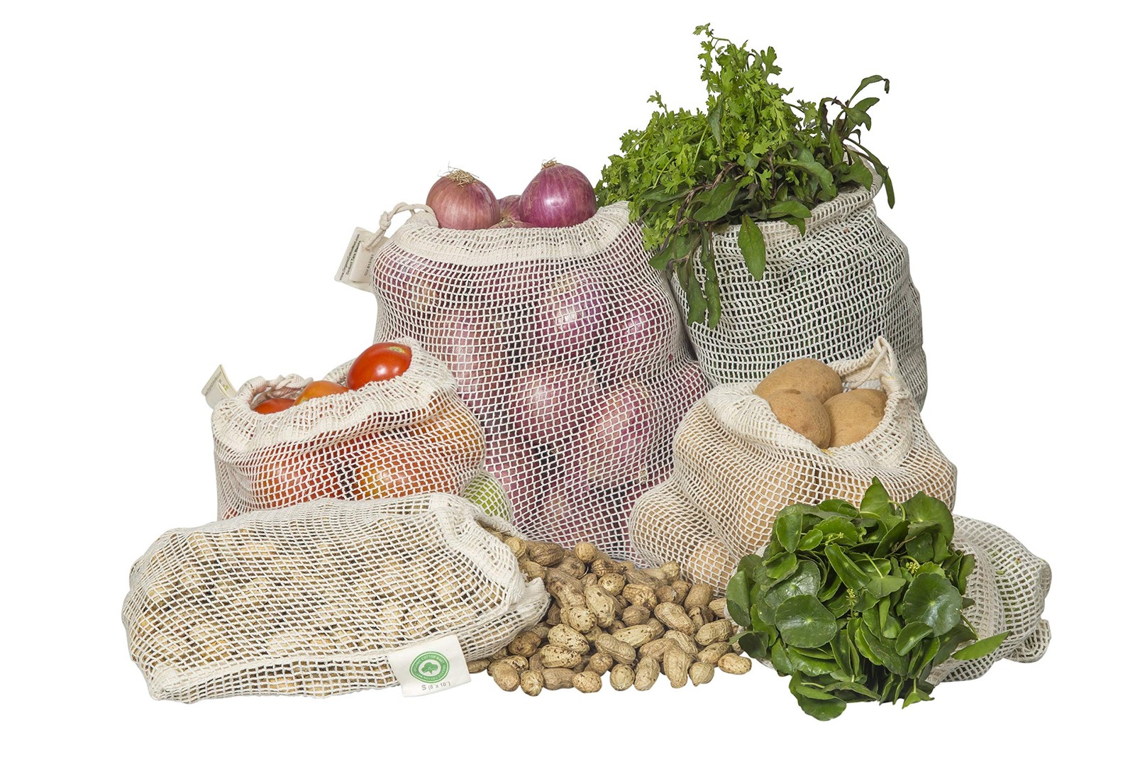 Reusable Cotton Mesh Produce Bags – 100% 2 Large, 2 Medium, 2 Small, White