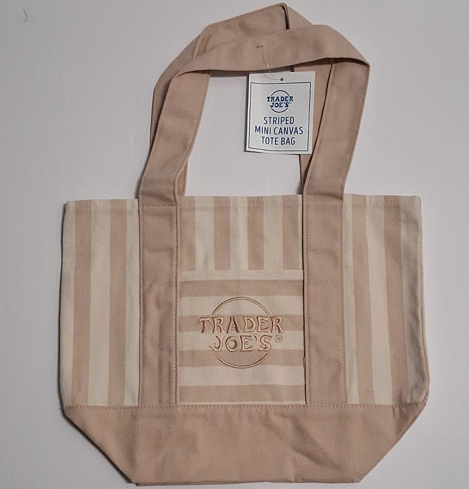 Trader Joe’s New Striped Mini Canvas Tote Bag Reusable Beige Cotton Blend