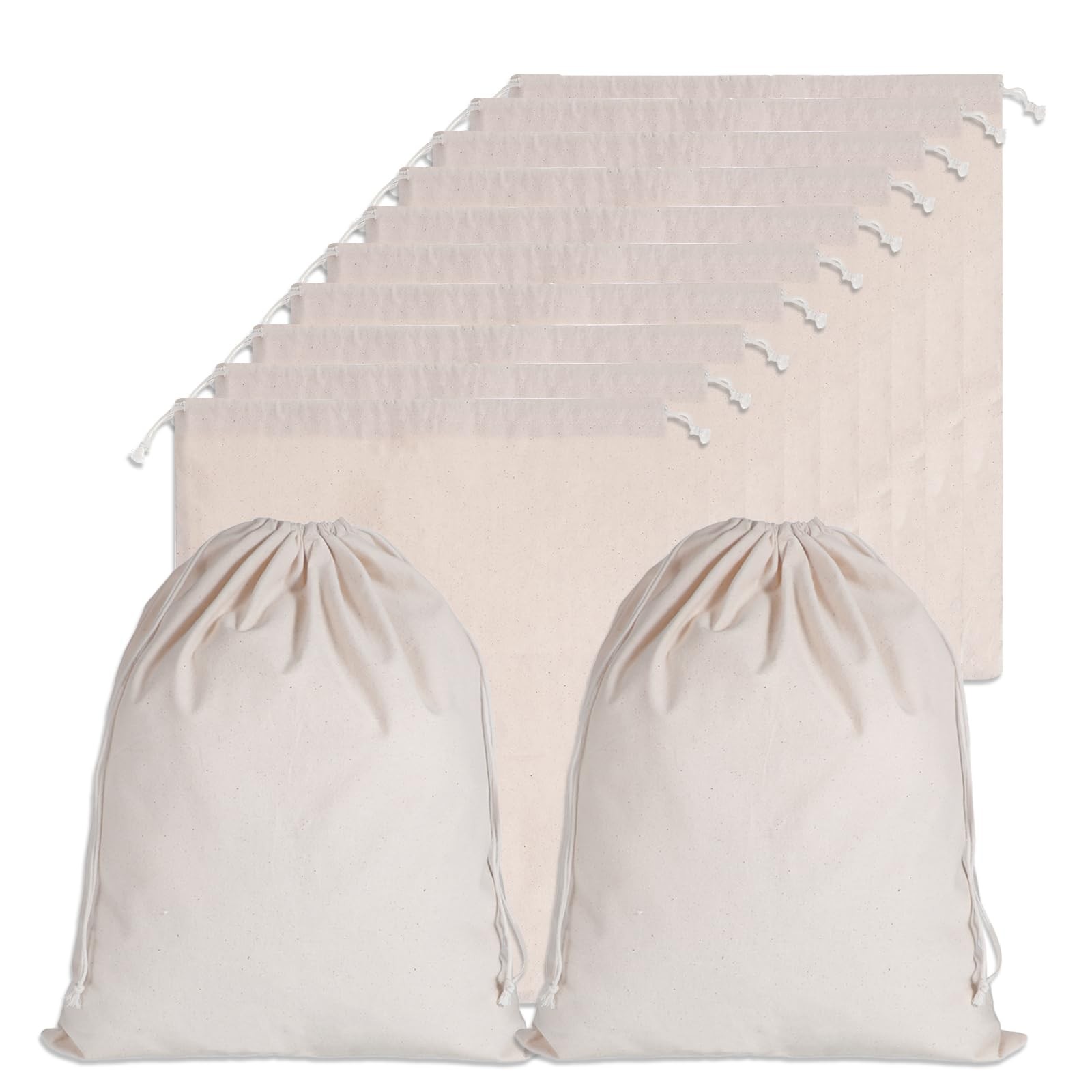 10 Pack 11.9×15.8 Inch Cotton Storage Bags with Drawstrings, Large, Beige
