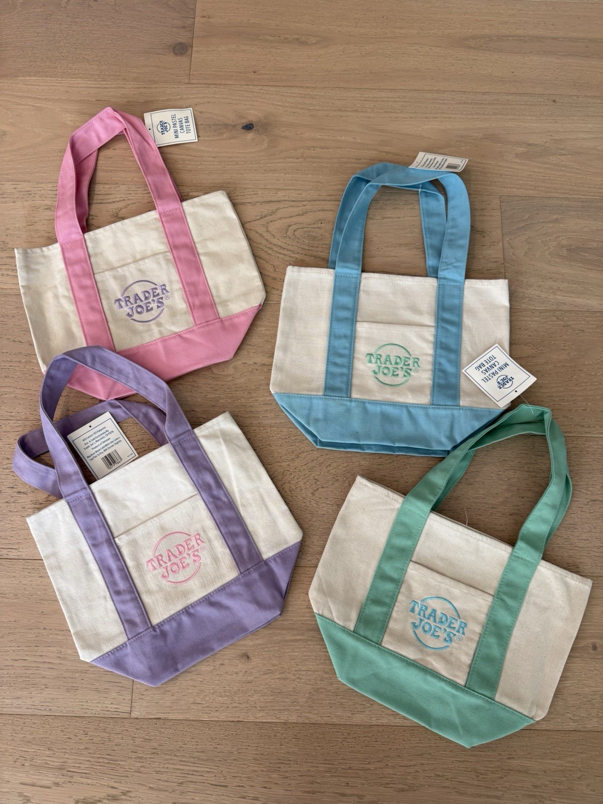 8x Trader Joe’s Mini Pastel Canvas Tote Bag Set Of 8 NWT Blue Green Pink Purple