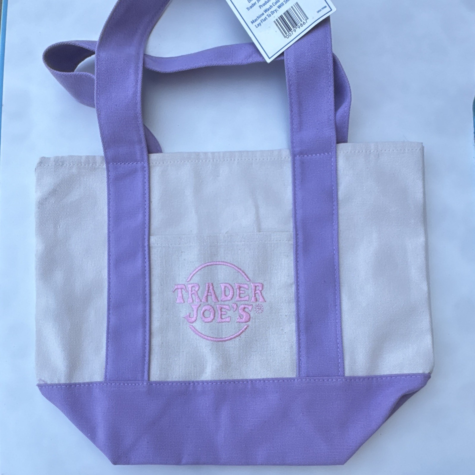 Trader Joe’s Mini Pastel Canvas Tote Bag Reusable Purple/Beige 12x9x6″