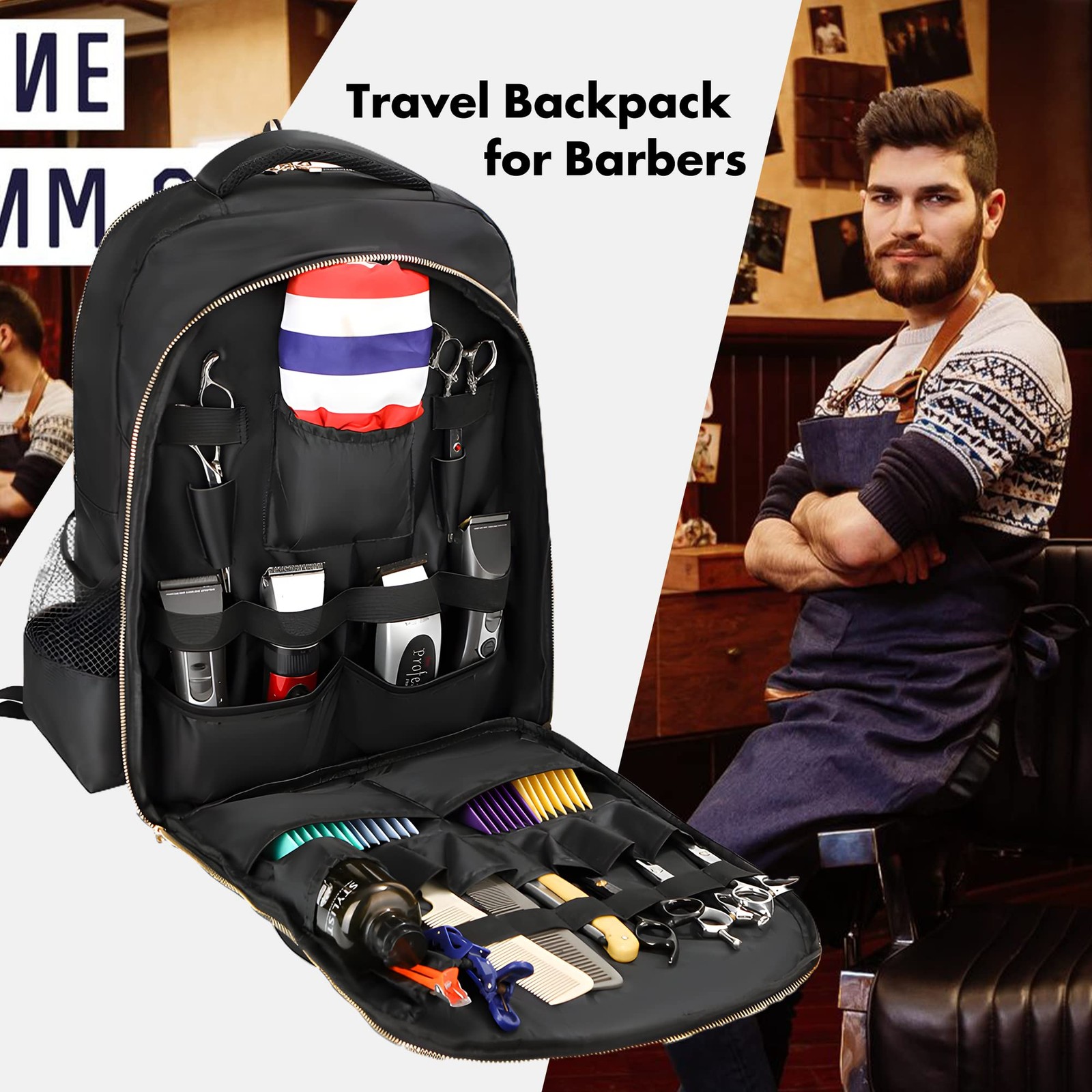 AIHOPESTO Barber Travel Backpack (Black, 17.7 x 17.7″ x 12.6″x 7.5″, Black