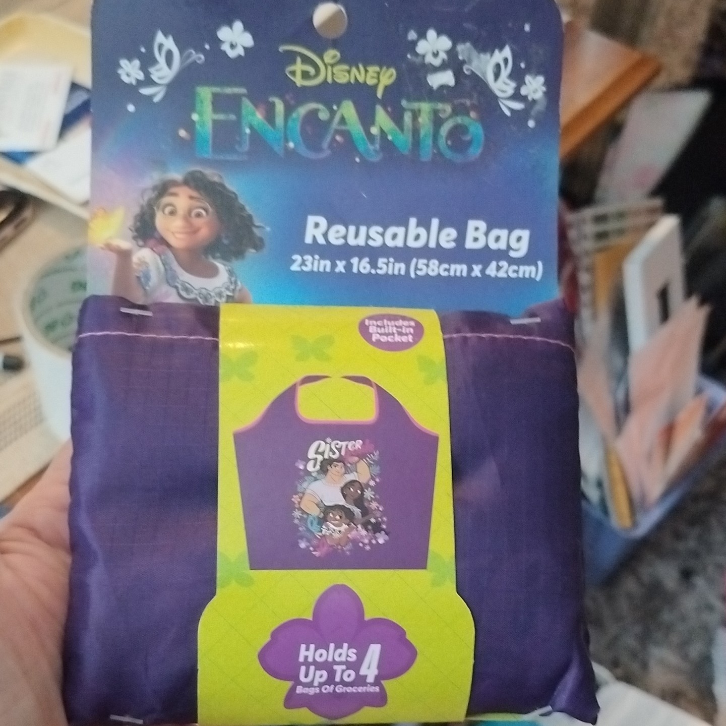 Disney Encanto XL Reusable Bag Foldable Built-In Pocket Purple 23×16.5″