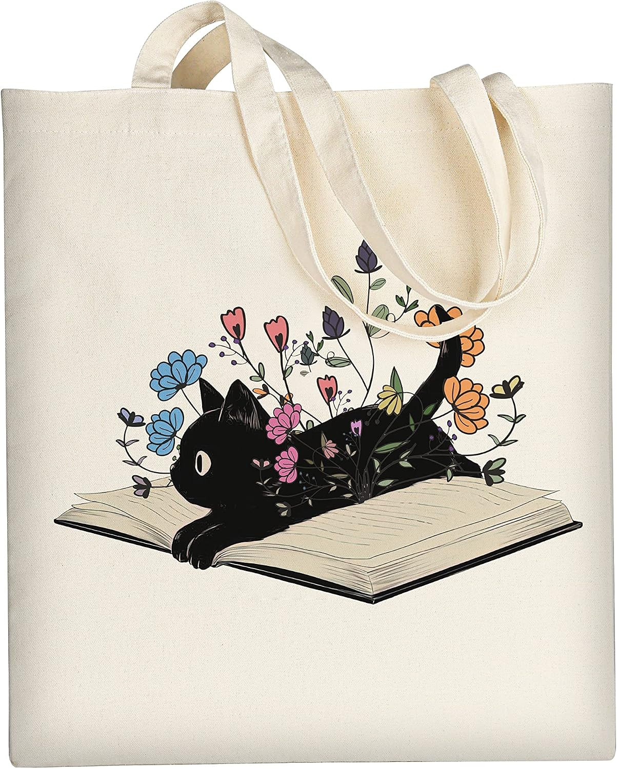 Cute Cat Book Canvas Tote Bag for Women Reusable Cotton Grocery Bag Beach Totes