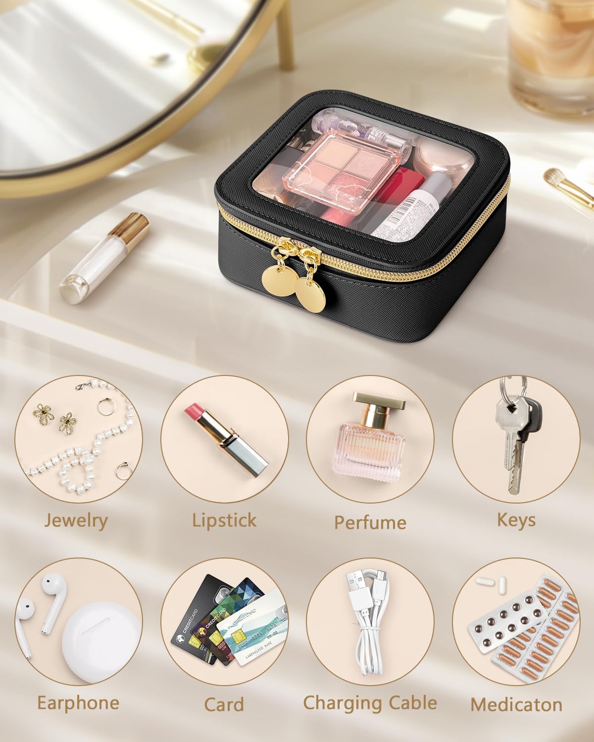 Soimeat Clear Makeup Bag, Portable Travel Cosmetic Bags, Mini, Black