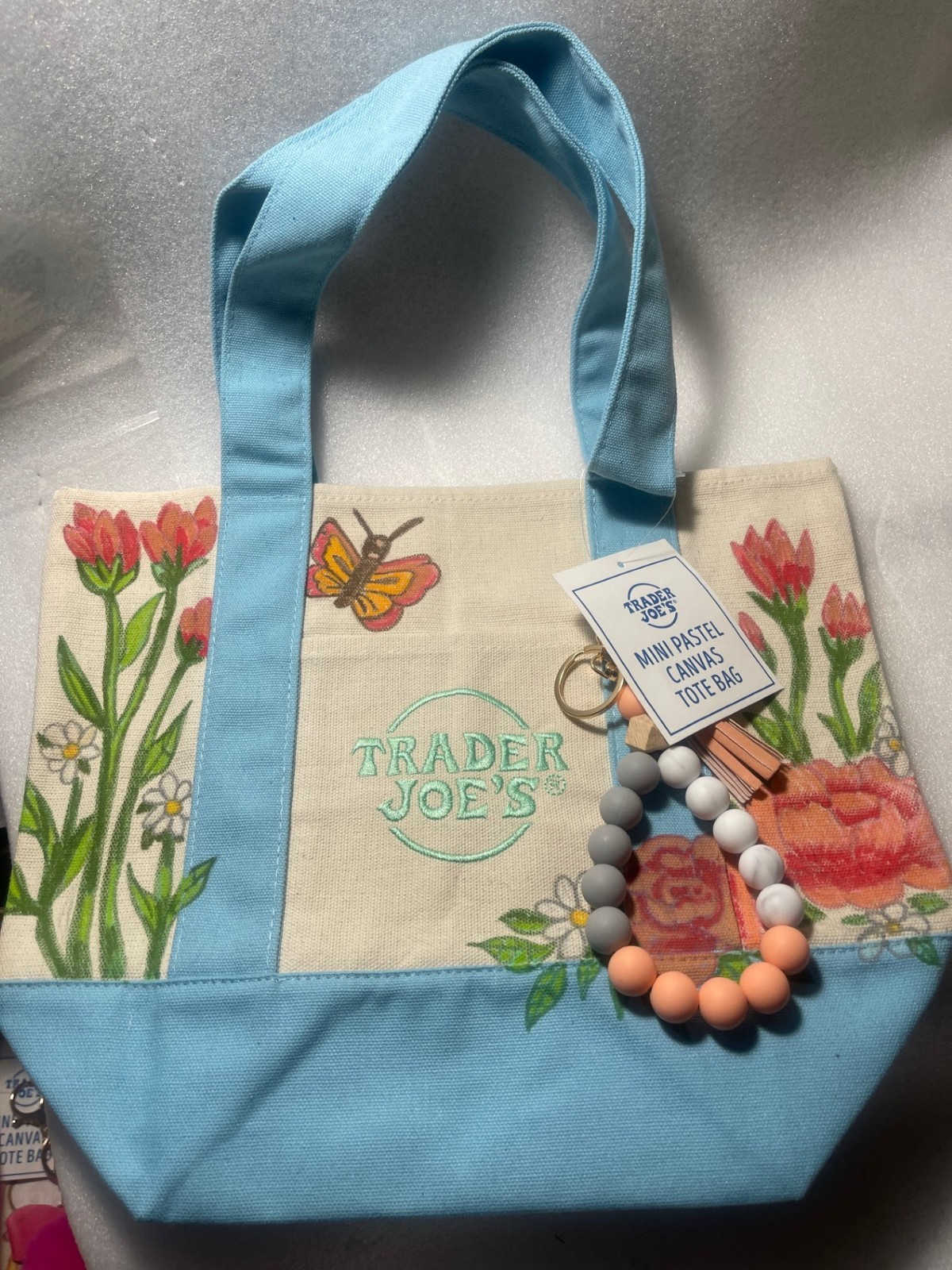 Butterfly Hand Drawn w/NAME Trader Joe’s Mini BLUE Canvas Tote Bag 13″Wx10″(S)