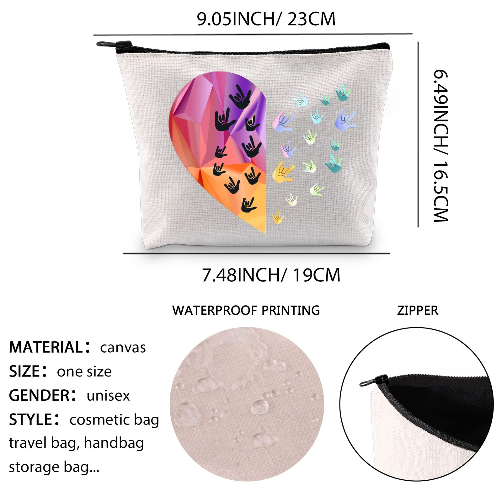 XYANFA Sign Language Heart Makeup Bag – Asl Gift LARGE,