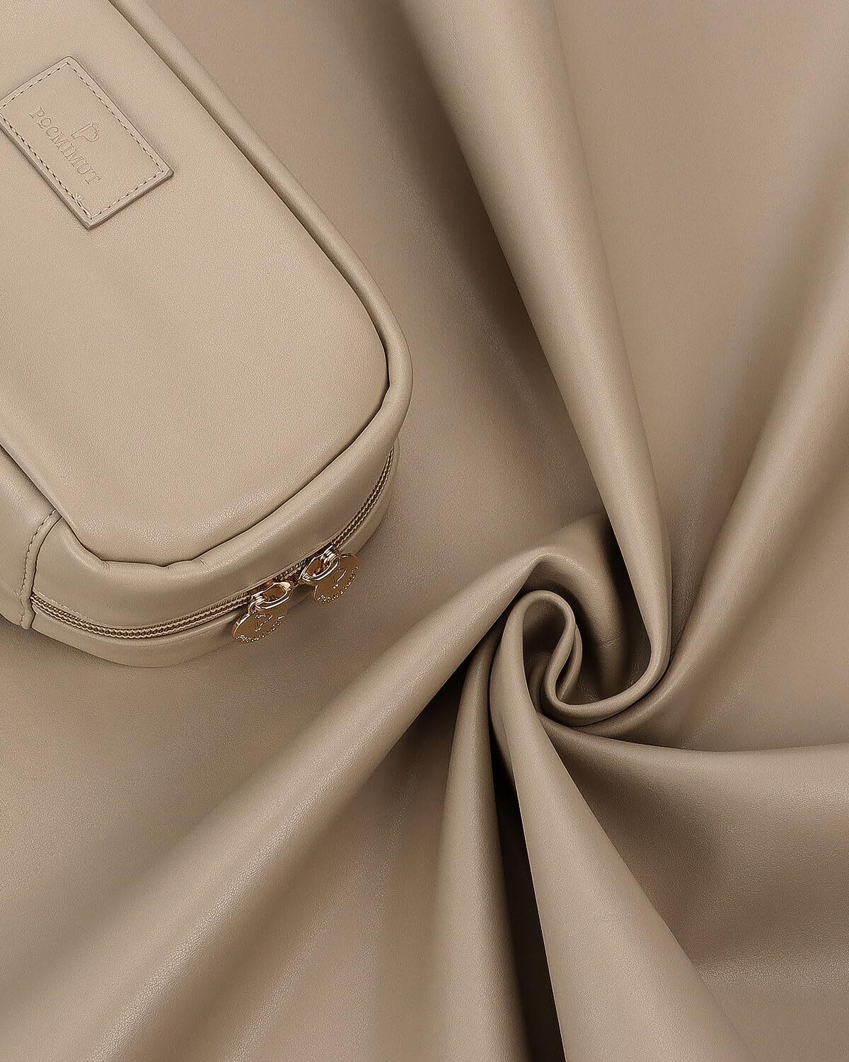 Pocmimut Makeup Bag,PU Leather Travel Cosmetic Bag,Open Flat Large, Apricot