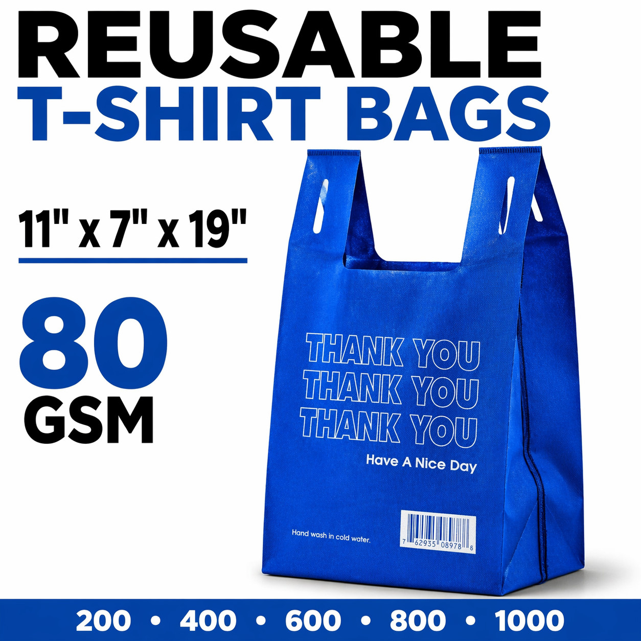 Blue Green Reusable Grocery T Shirt Bags Thank You 11 x 7 x 19 80 GSM Bulk