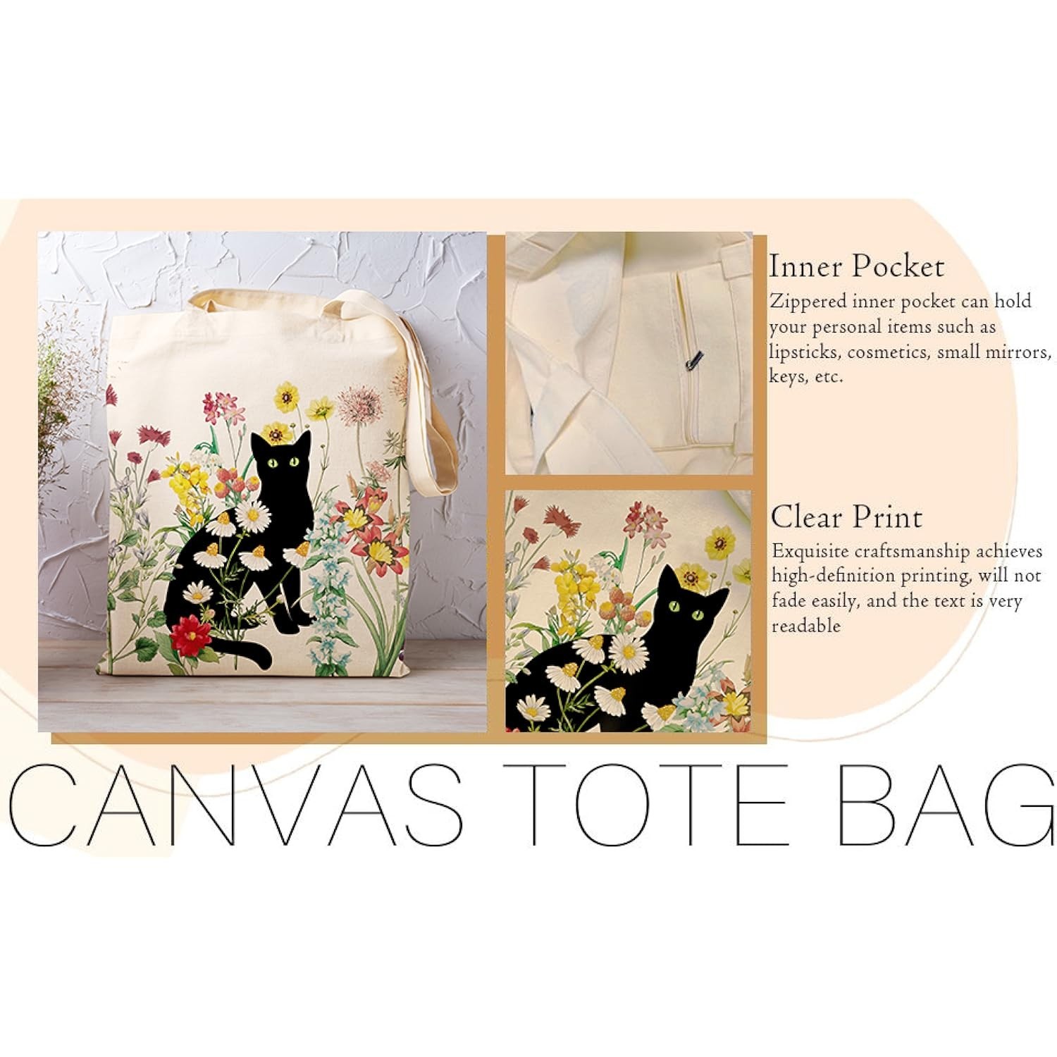 Black Cat Canvas Tote Bag with Zipper Pockets Vintage Flowers Cute Tote Bag Aest