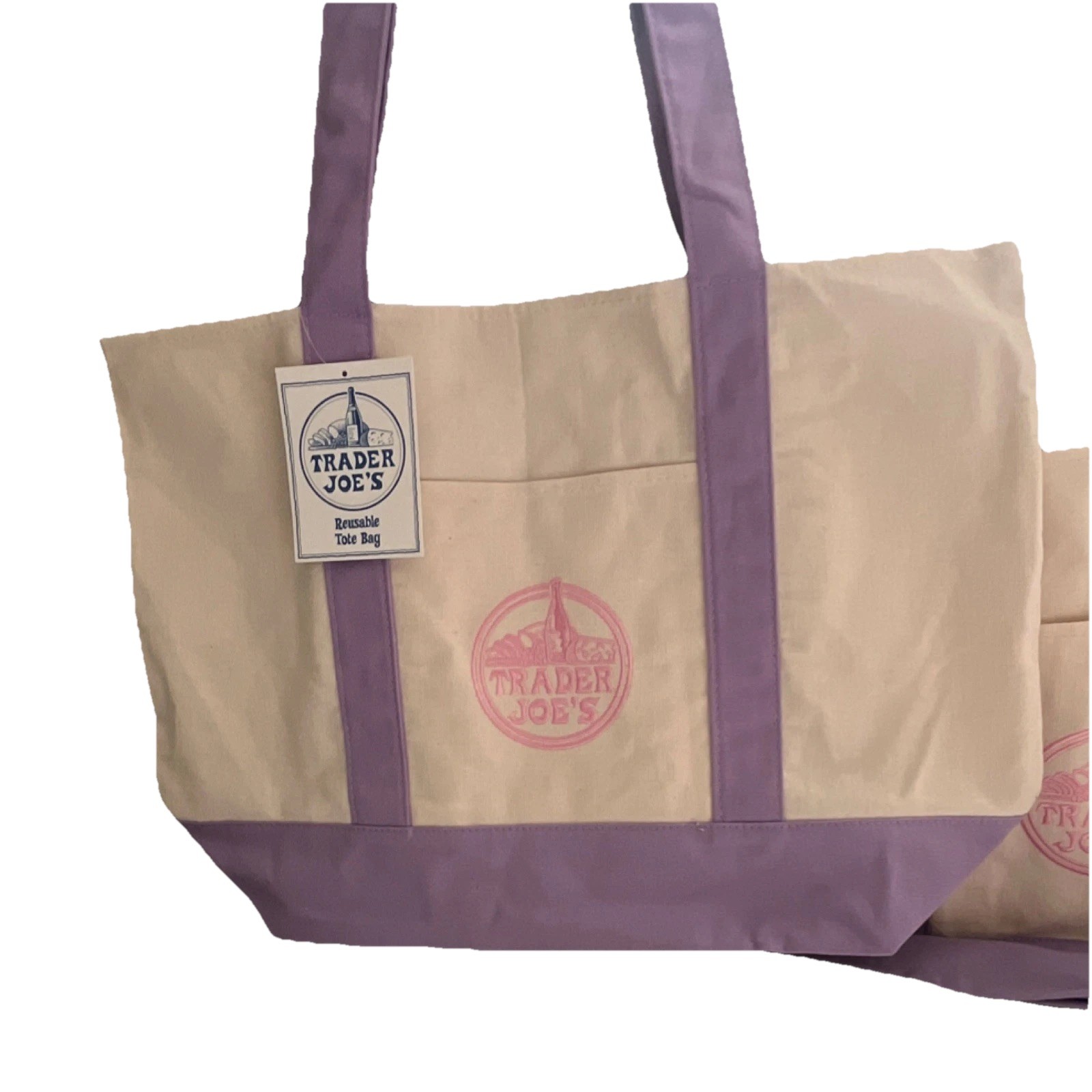Trader Joe’s Foldable Reusable Tote Bag Beige Purple Solid Plain