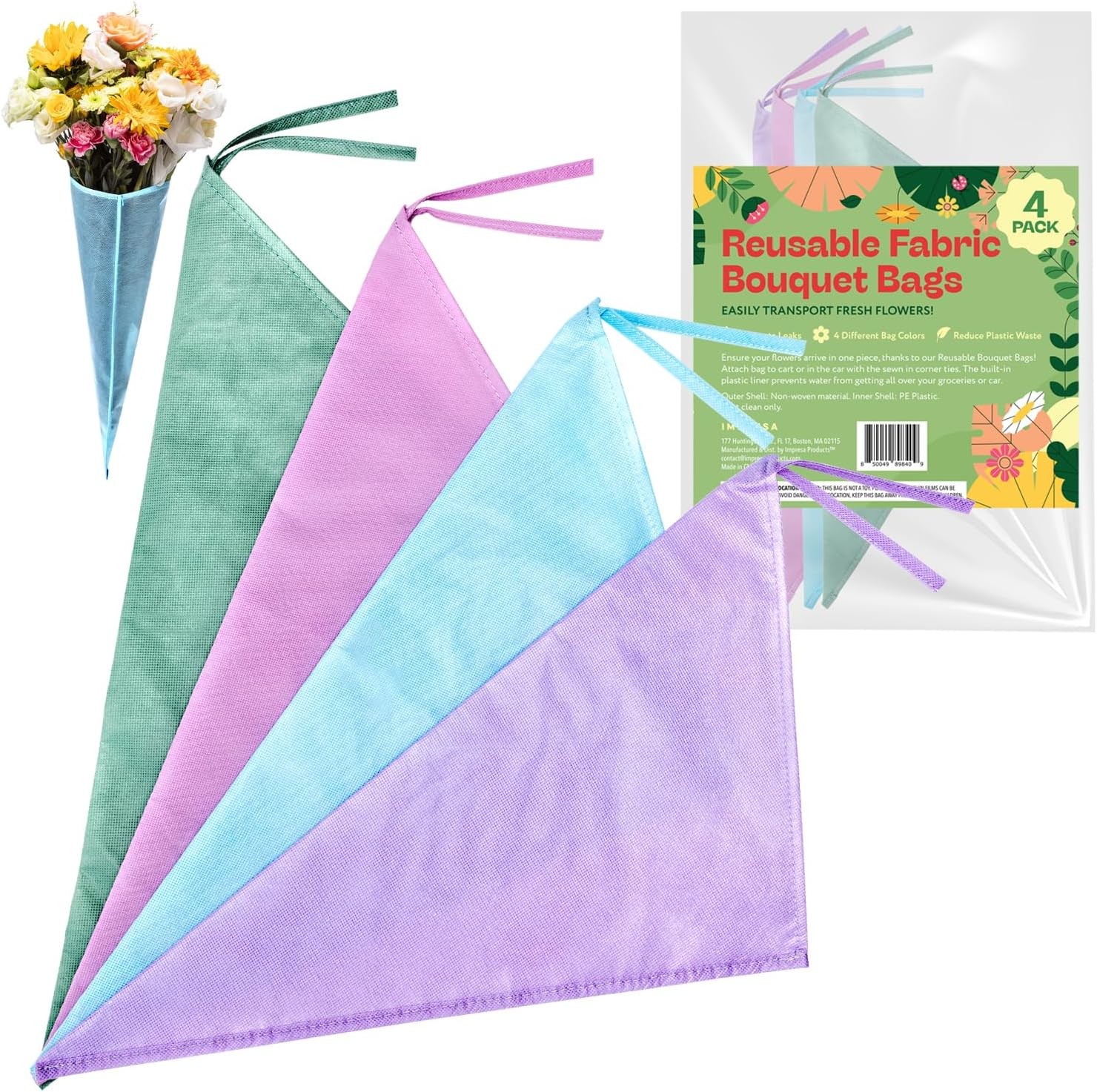 Reusable Bouquet Bags 4-Pack Multi-Color Fabric & Plastic Lined No-Leak Flower