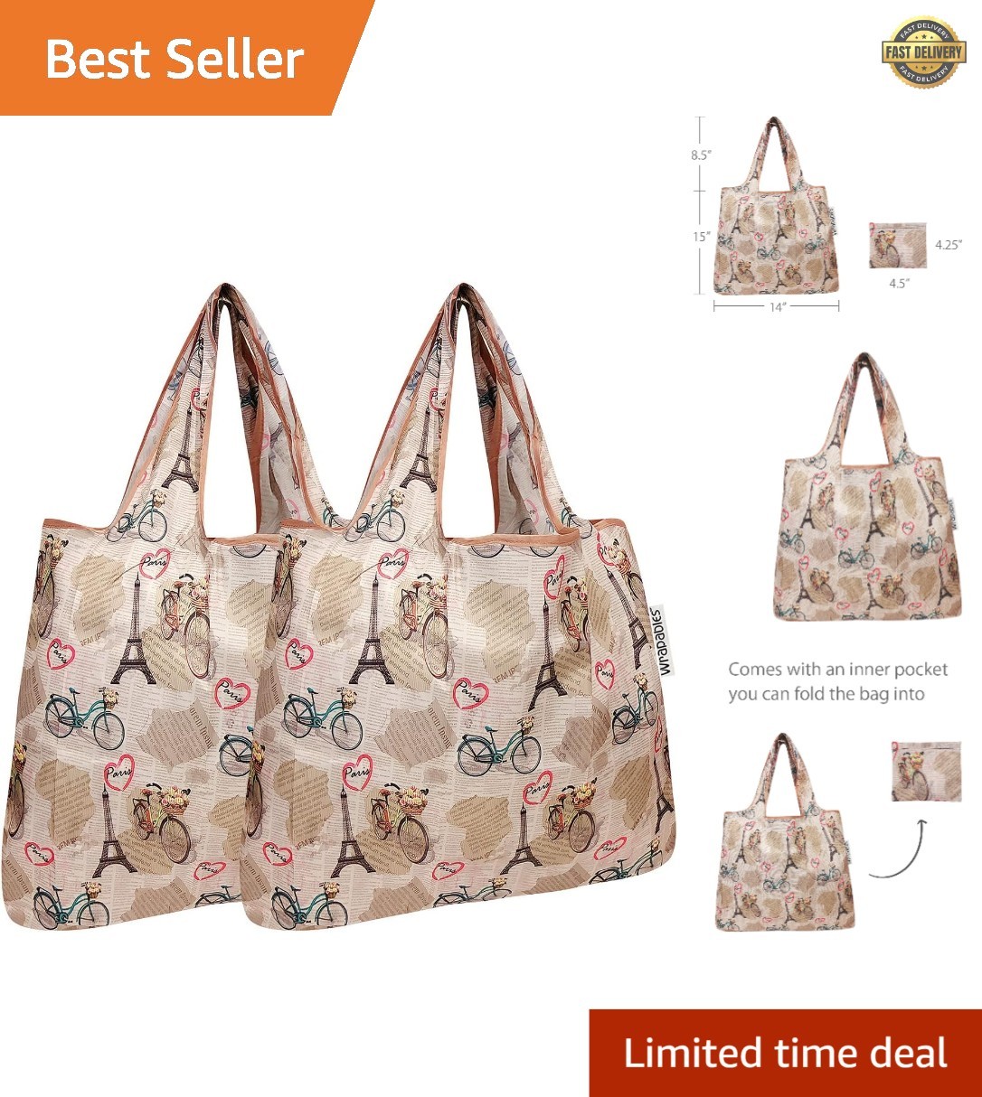 Paris-Themed Foldable Reusable Grocery Bags – Lightweight & Compact Set