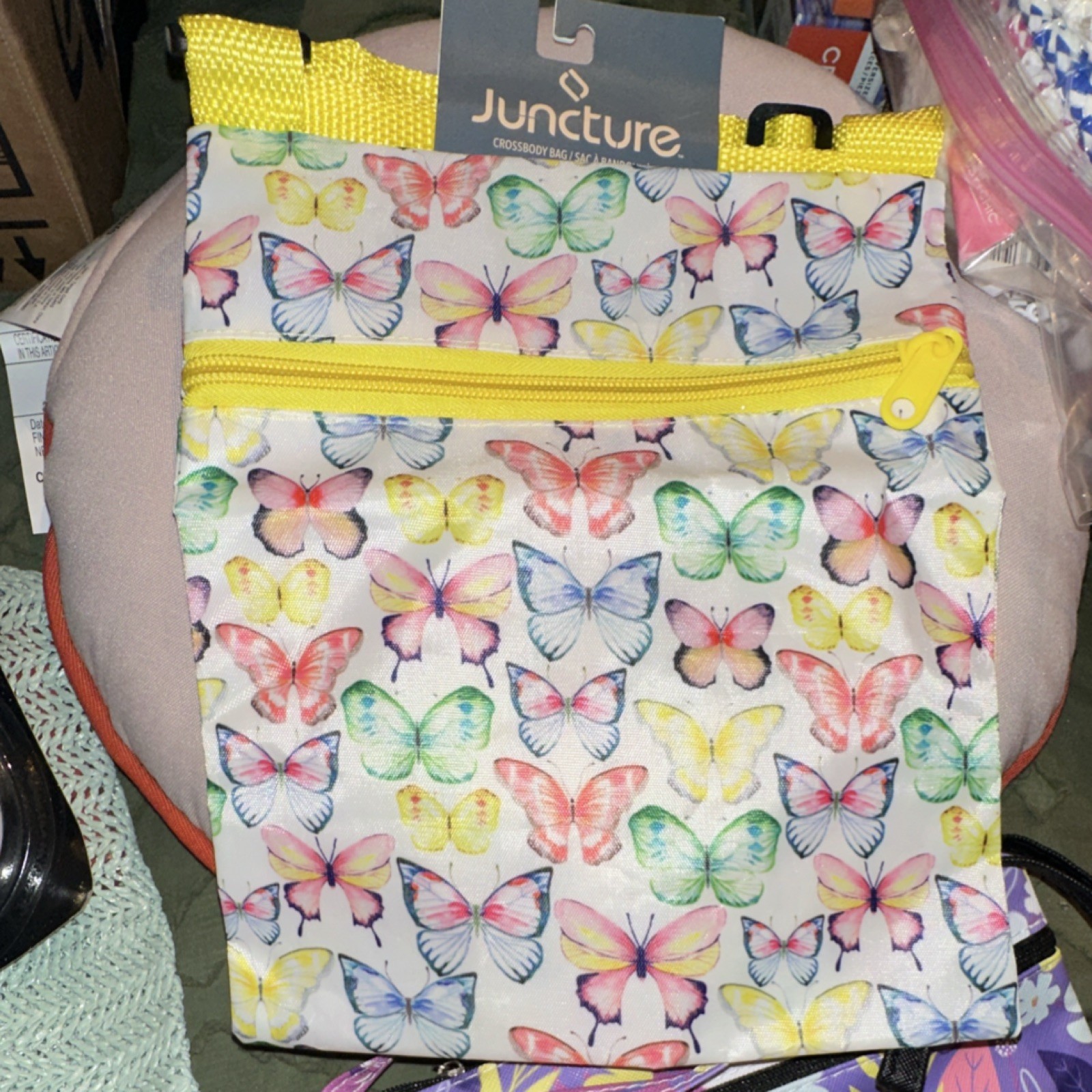 Juncture Butterfly Crossbody Bag Print Yellow Strap Zip Pouch Travel Purse