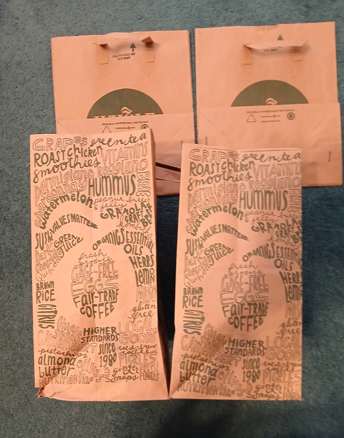 Lot of 4 Whole Foods Brown Grocery Paper Bags Reusable Logo Top Handle Craft