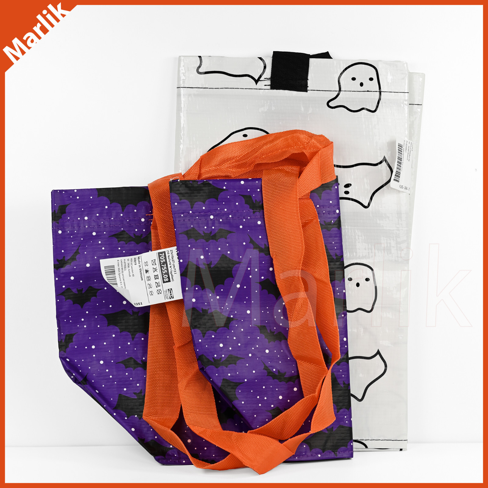 2 Ikea KUSTFYR HOSTAGILLE Halloween Large & Small Shopping Tote Bag, Bat/Ghost