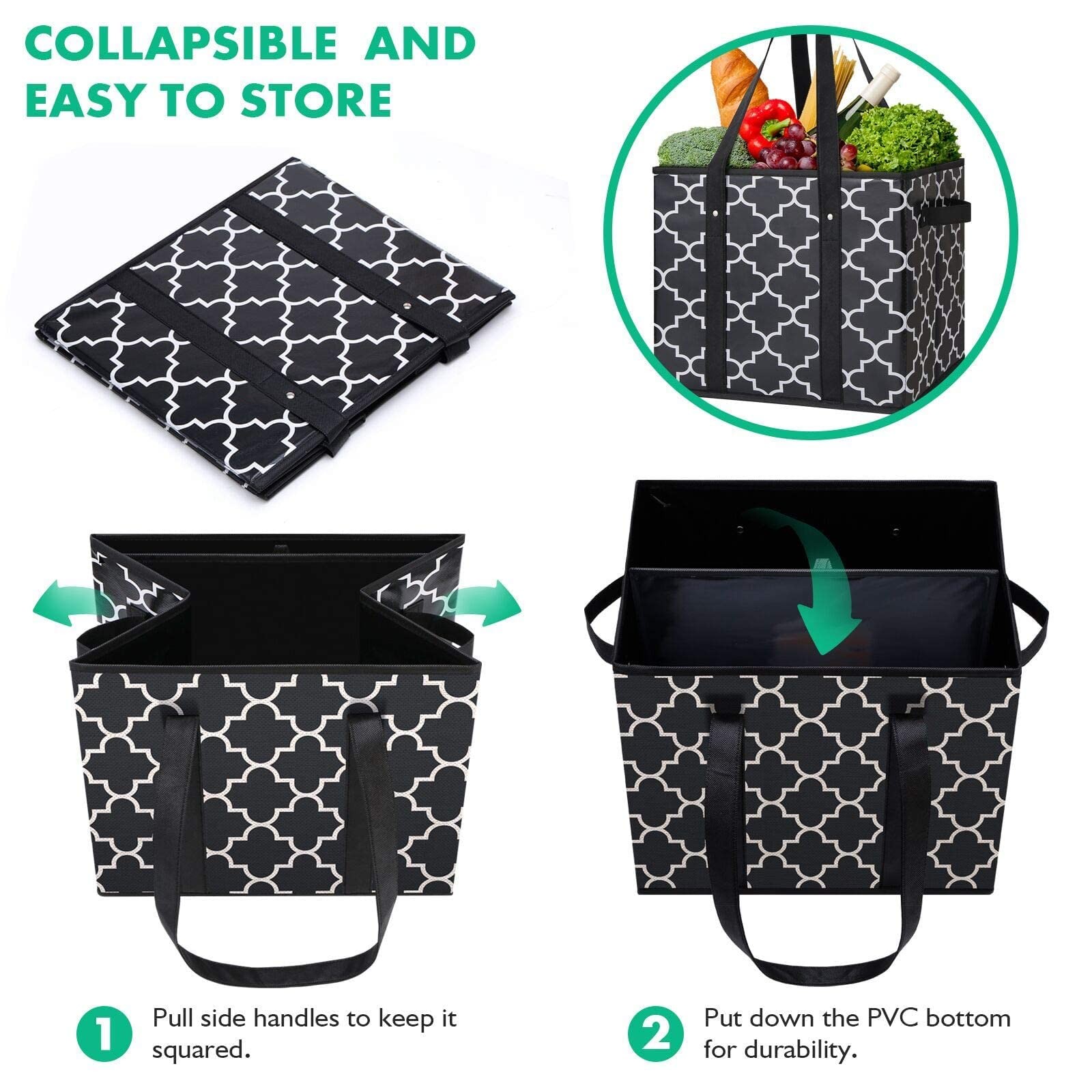 Reusable Grocery Bags 2Pack Foldable Washable Large Storage Bins Basket Black