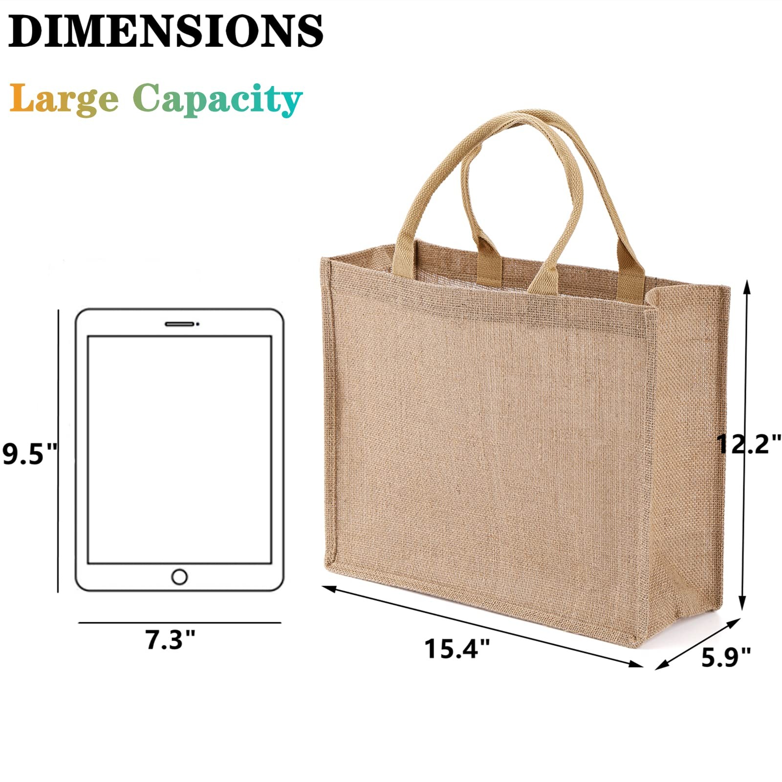 6 Pack Large Jute Burlap Tote Bag, Jute Beach Bag with Laminated Interior, Bu…