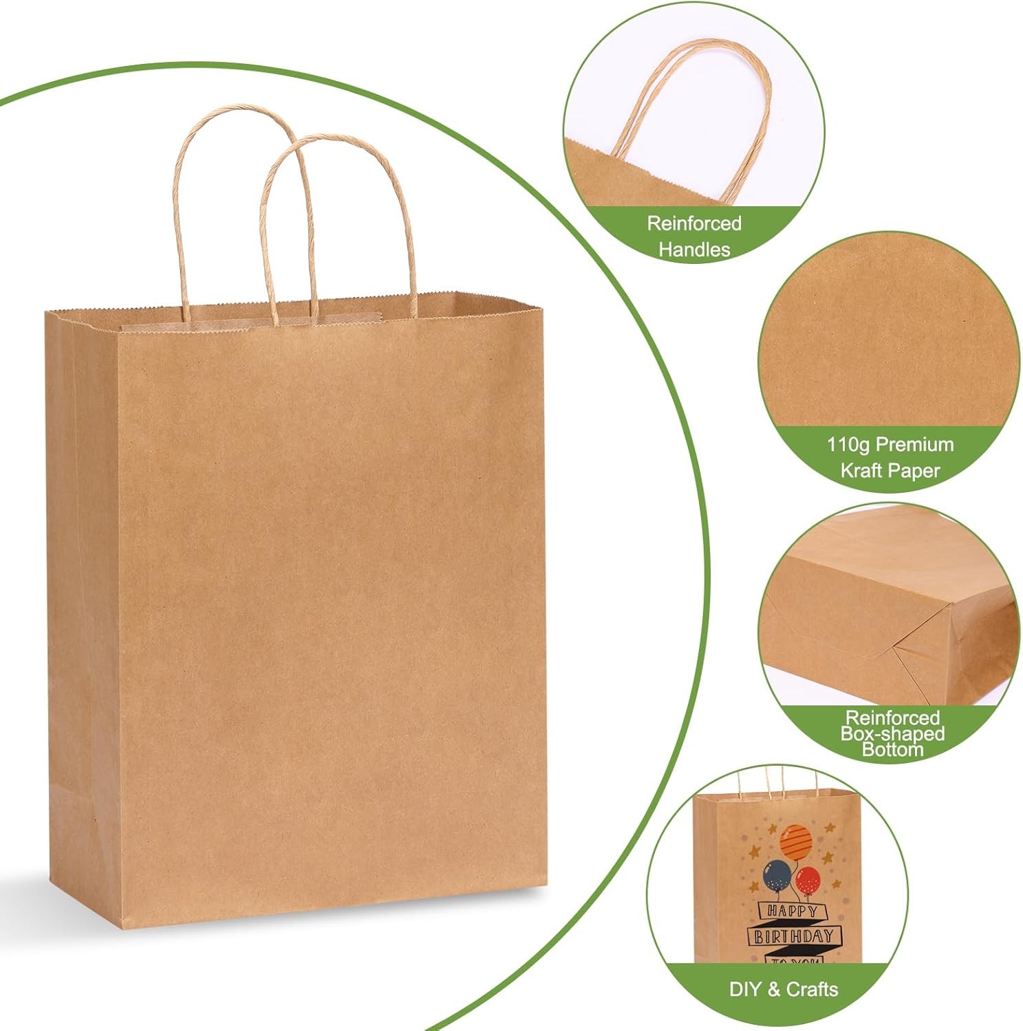 50/100 Large Brown Kraft Paper Shopping Gift Bags with Handles 10.6×8.26×4.3inch